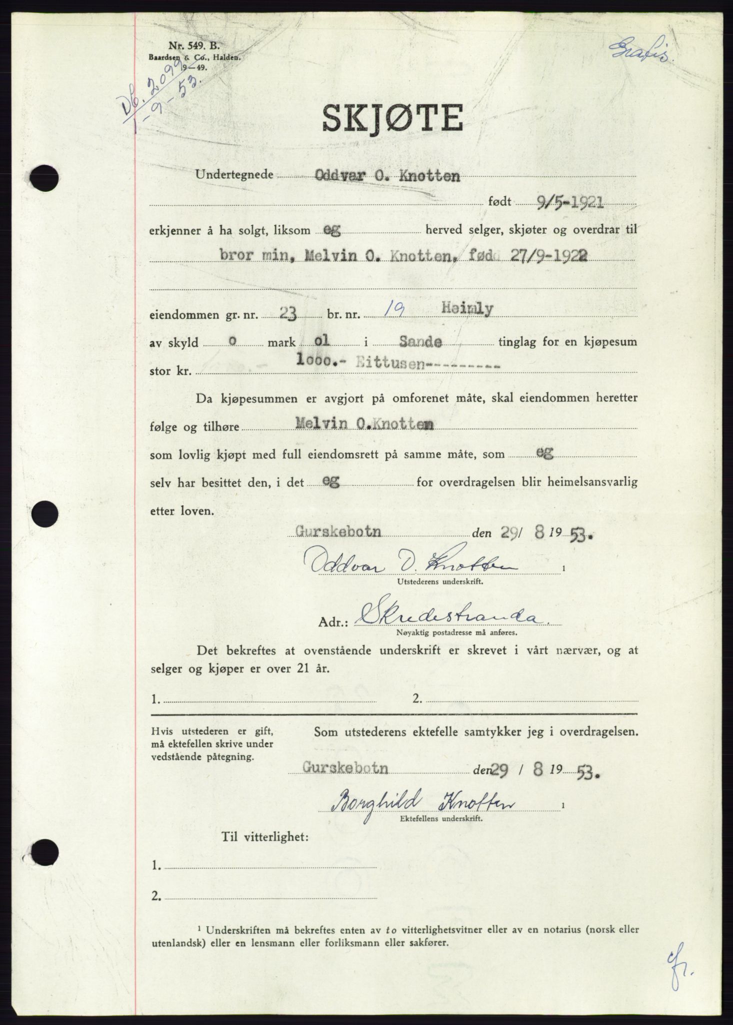 Søre Sunnmøre sorenskriveri, AV/SAT-A-4122/1/2/2C/L0095: Pantebok nr. 21A, 1953-1953, Dagboknr: 2099/1953