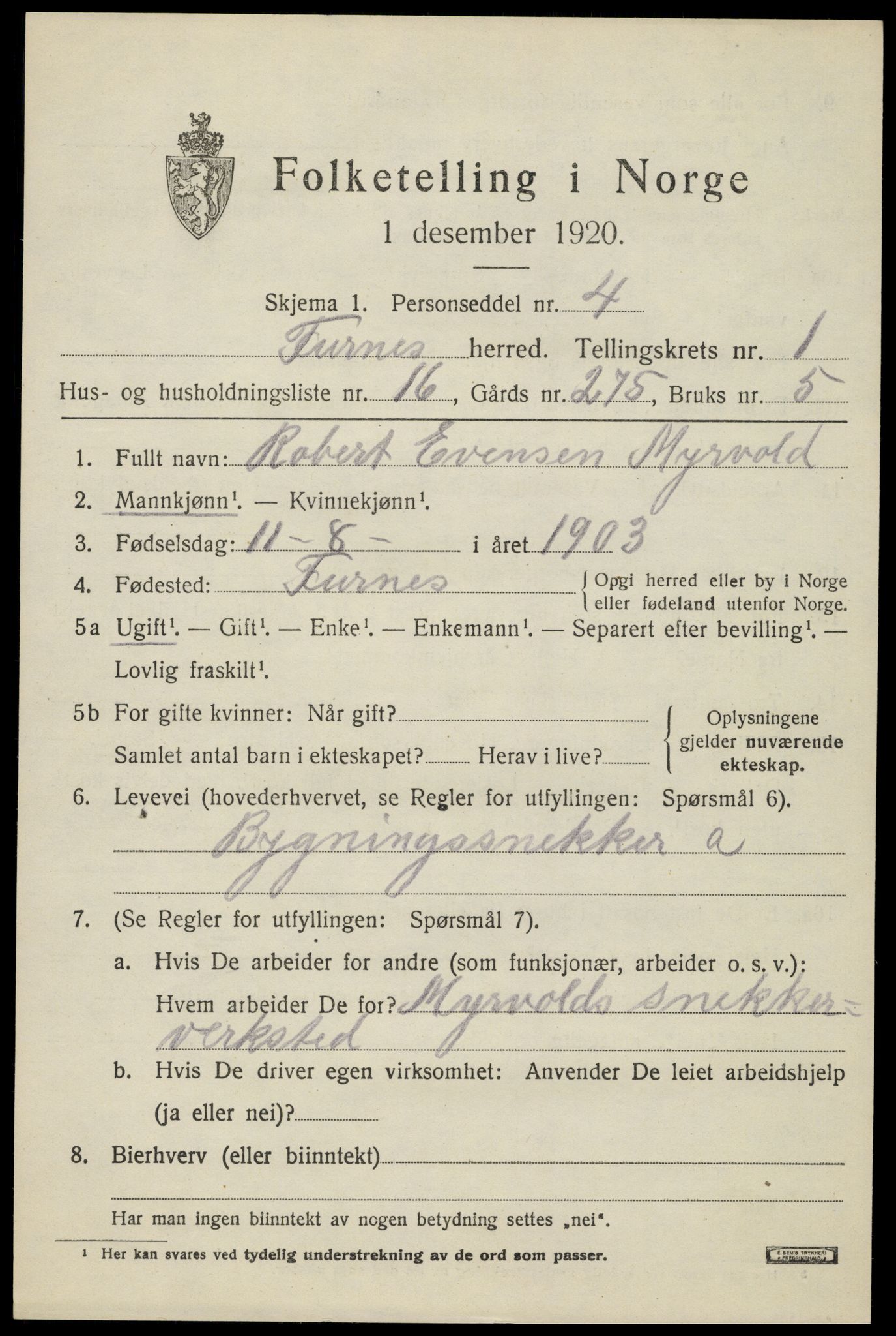 SAH, Folketelling 1920 for 0413 Furnes herred, 1920, s. 1827