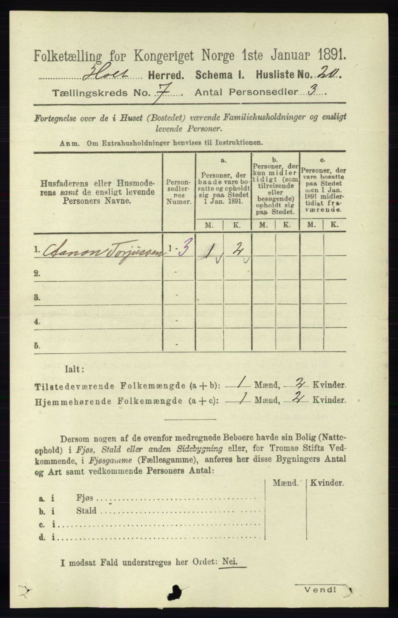 RA, Folketelling 1891 for 0914 Holt herred, 1891, s. 3314