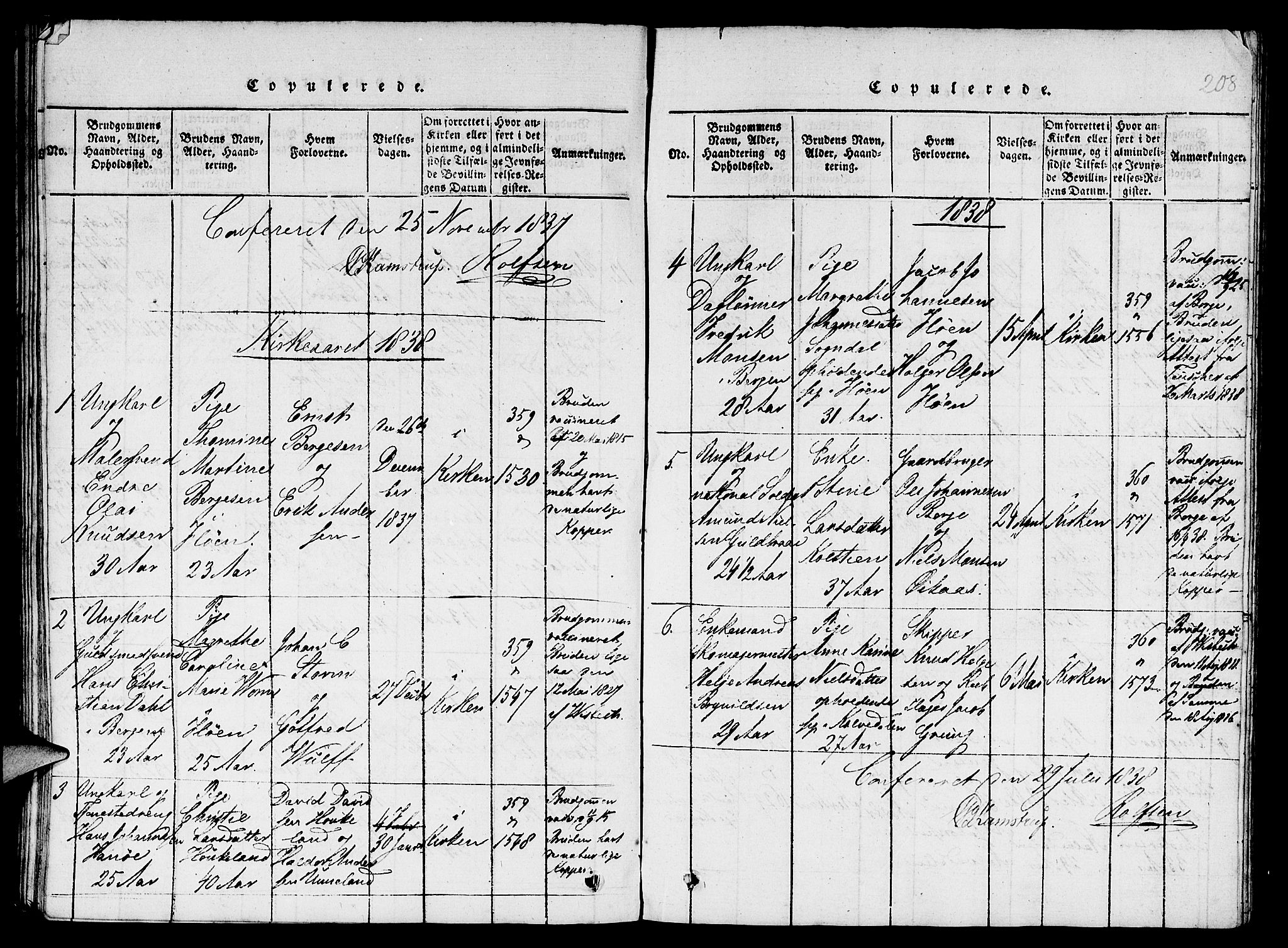 St. Jørgens hospital og Årstad sokneprestembete, AV/SAB-A-99934: Klokkerbok nr. A 1, 1816-1843, s. 208