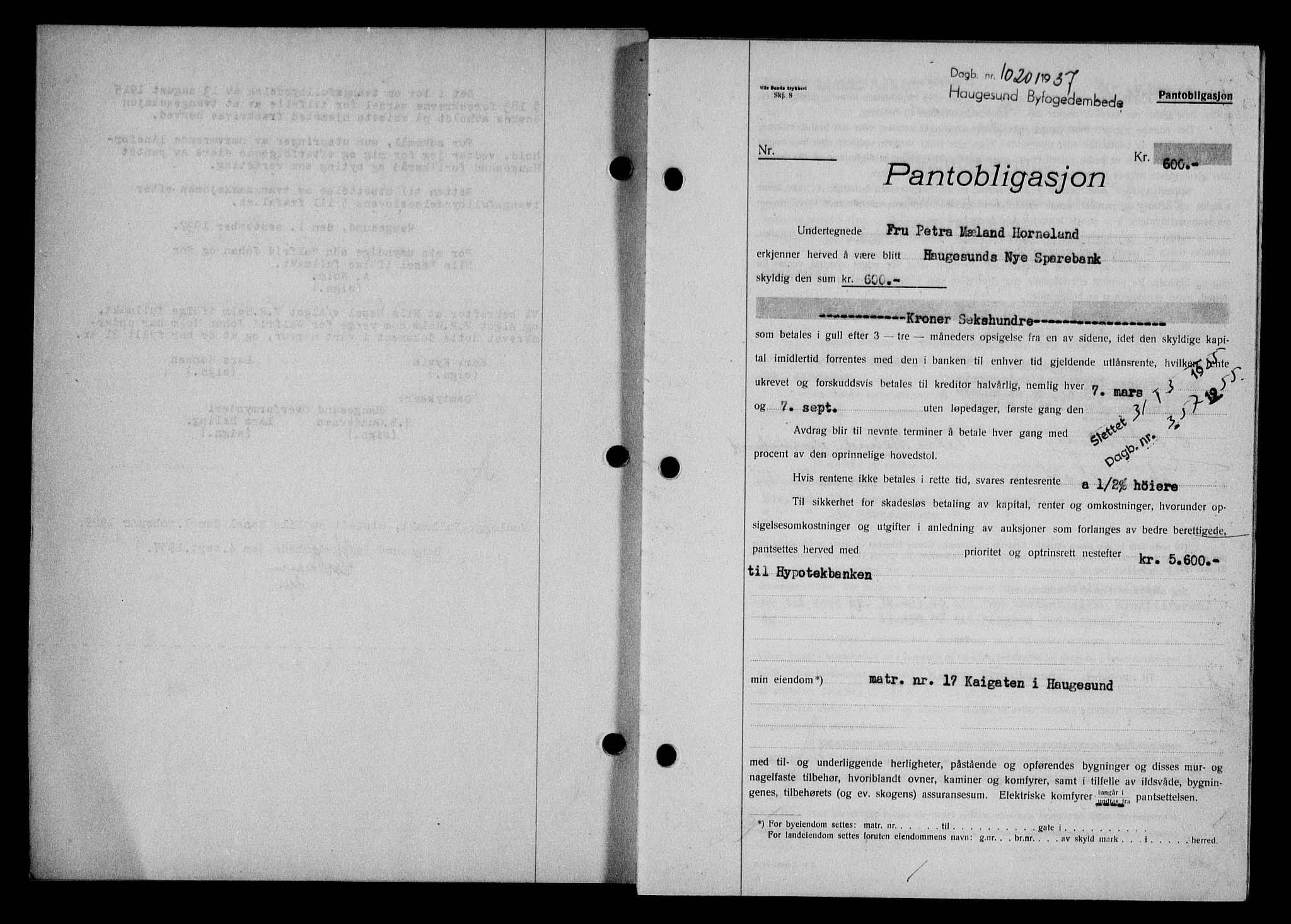 Haugesund tingrett, SAST/A-101415/01/II/IIC/L0031: Pantebok nr. 31, 1936-1938, Dagboknr: 1020/1937