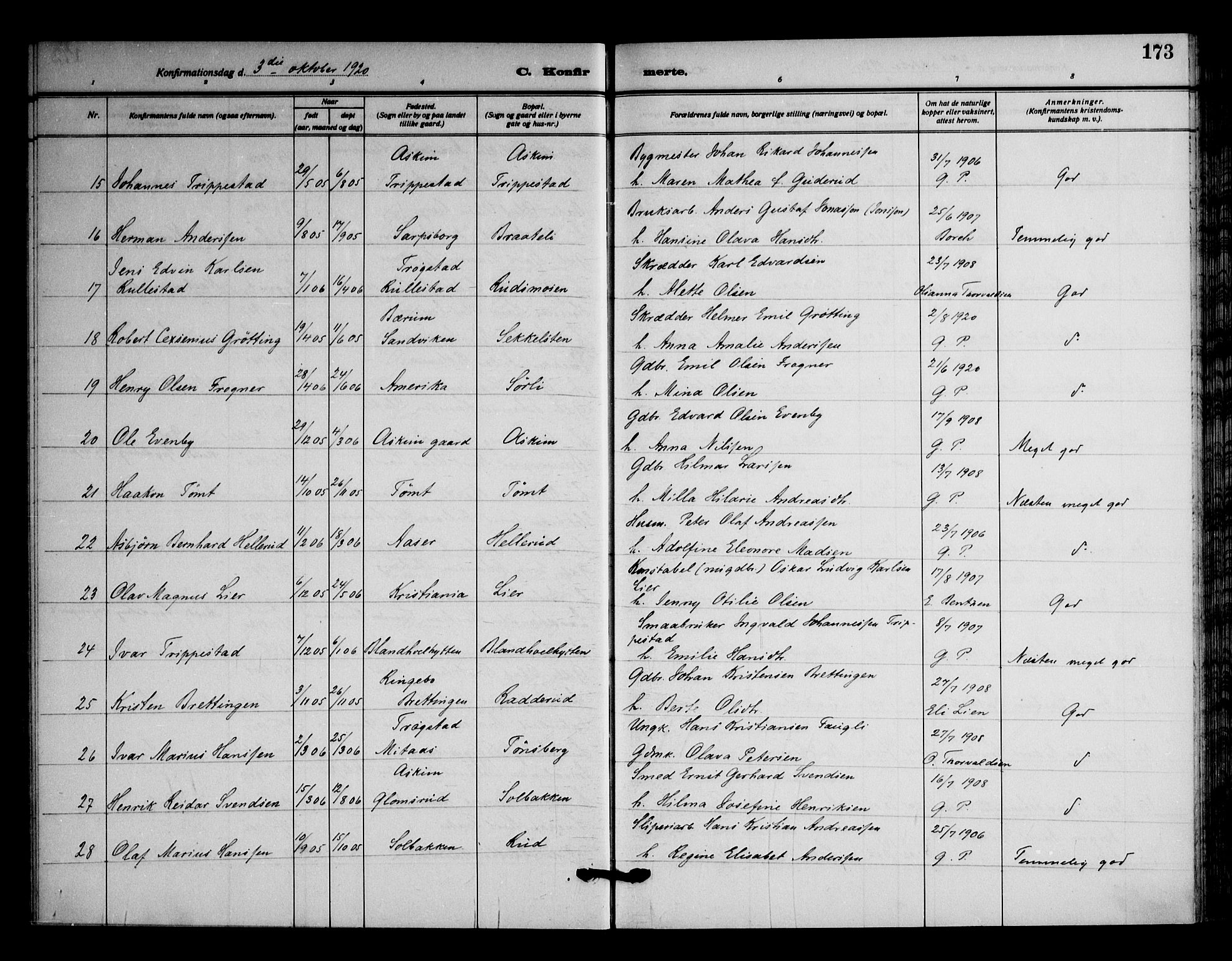 Askim prestekontor Kirkebøker, AV/SAO-A-10900/F/Fa/L0009: Ministerialbok nr. 9, 1913-1923, s. 173