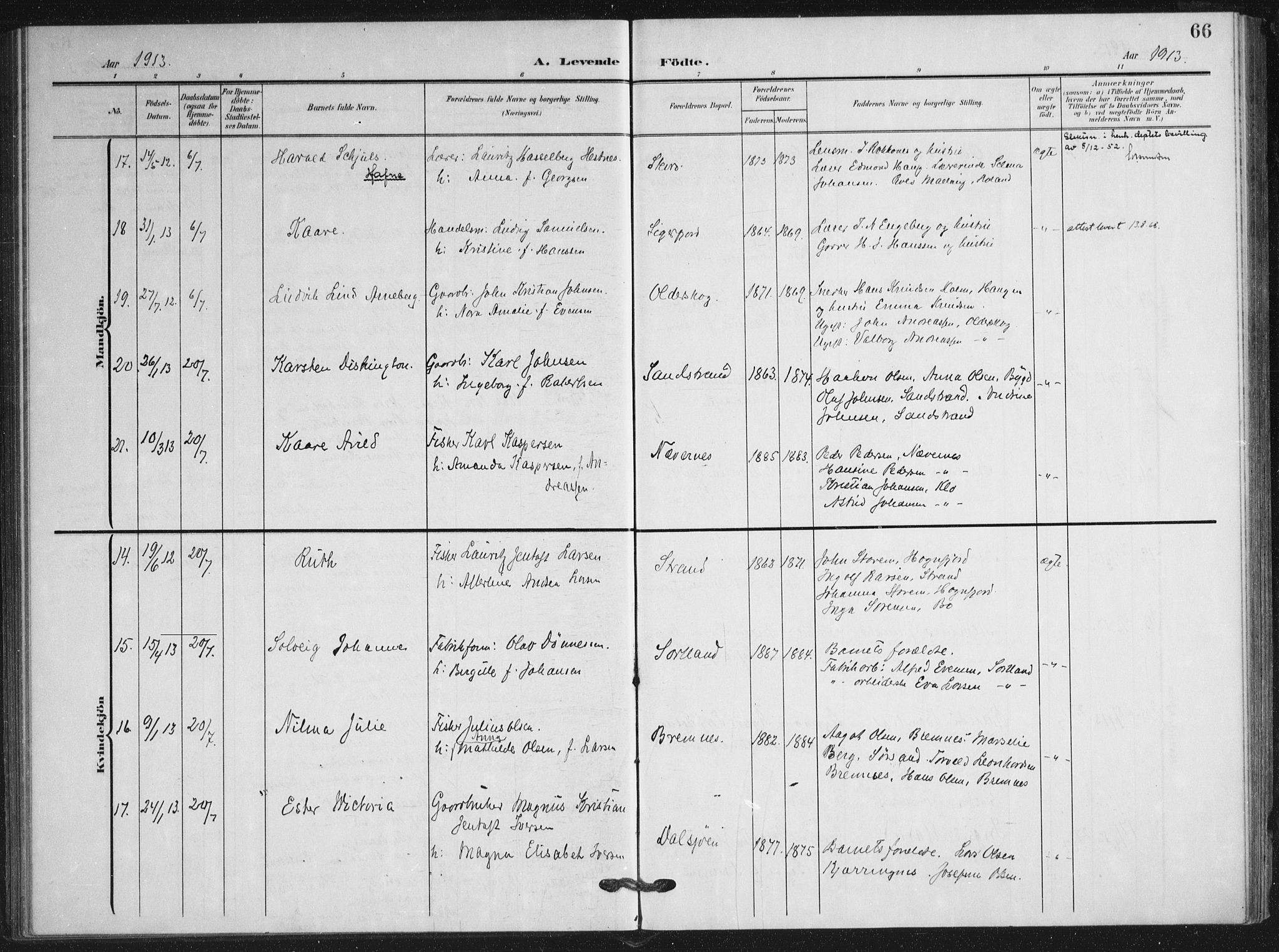 Ministerialprotokoller, klokkerbøker og fødselsregistre - Nordland, AV/SAT-A-1459/895/L1373: Ministerialbok nr. 895A08, 1905-1915, s. 66