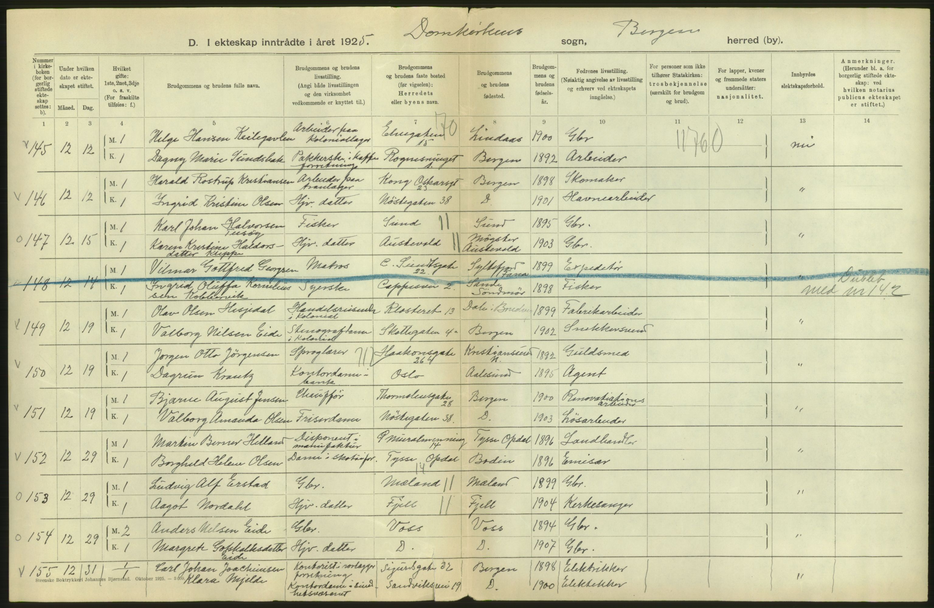 Statistisk sentralbyrå, Sosiodemografiske emner, Befolkning, AV/RA-S-2228/D/Df/Dfc/Dfce/L0029: Bergen: Gifte, døde., 1925, s. 4