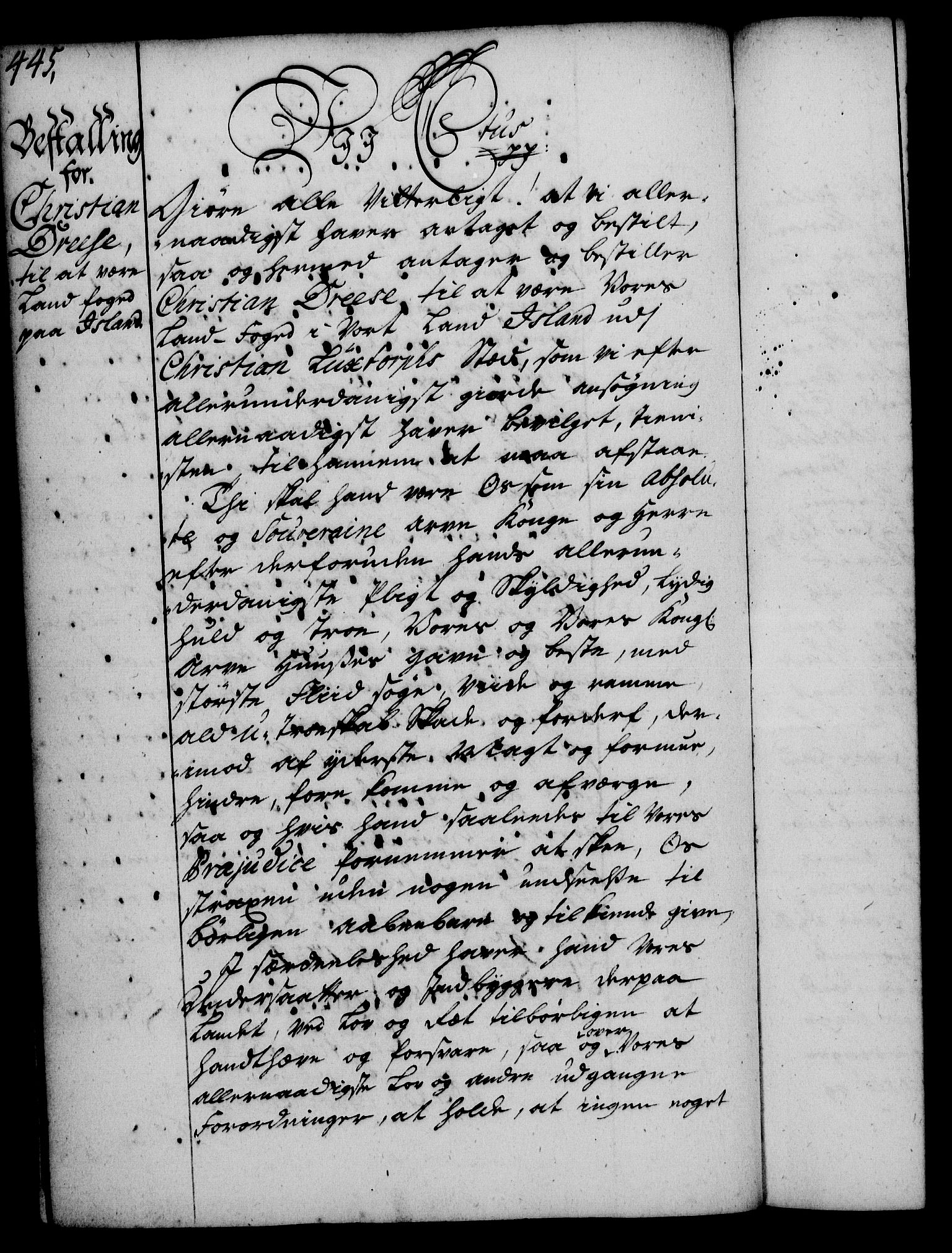 Rentekammeret, Kammerkanselliet, RA/EA-3111/G/Gg/Gge/L0002: Norsk bestallingsprotokoll med register (merket RK 53.26), 1730-1744, s. 445