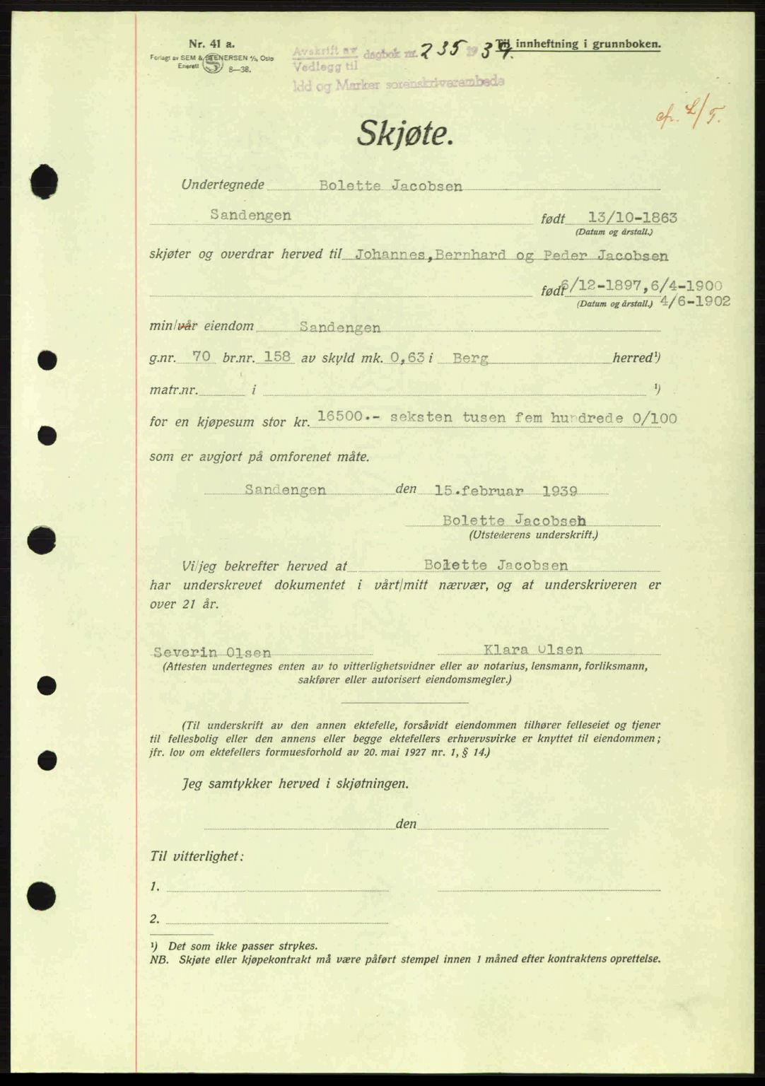 Idd og Marker sorenskriveri, AV/SAO-A-10283/G/Gb/Gbb/L0003: Pantebok nr. A3, 1938-1939, Dagboknr: 235/1939