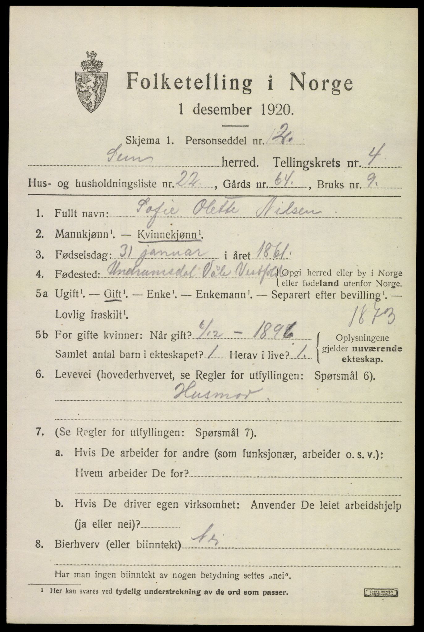 SAKO, Folketelling 1920 for 0721 Sem herred, 1920, s. 7317