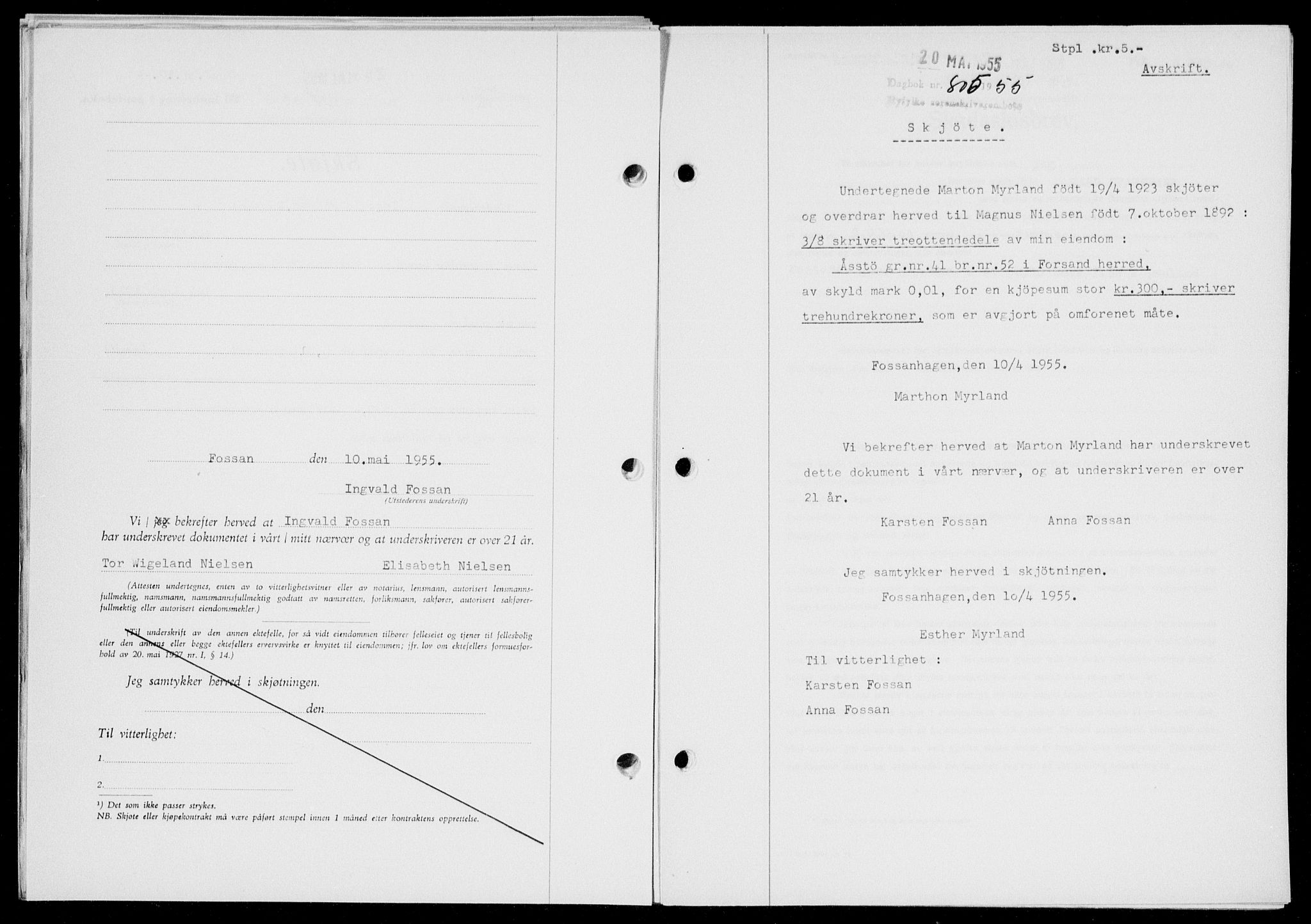 Ryfylke tingrett, SAST/A-100055/001/II/IIB/L0128: Pantebok nr. 107, 1954-1955, Dagboknr: 805/1955