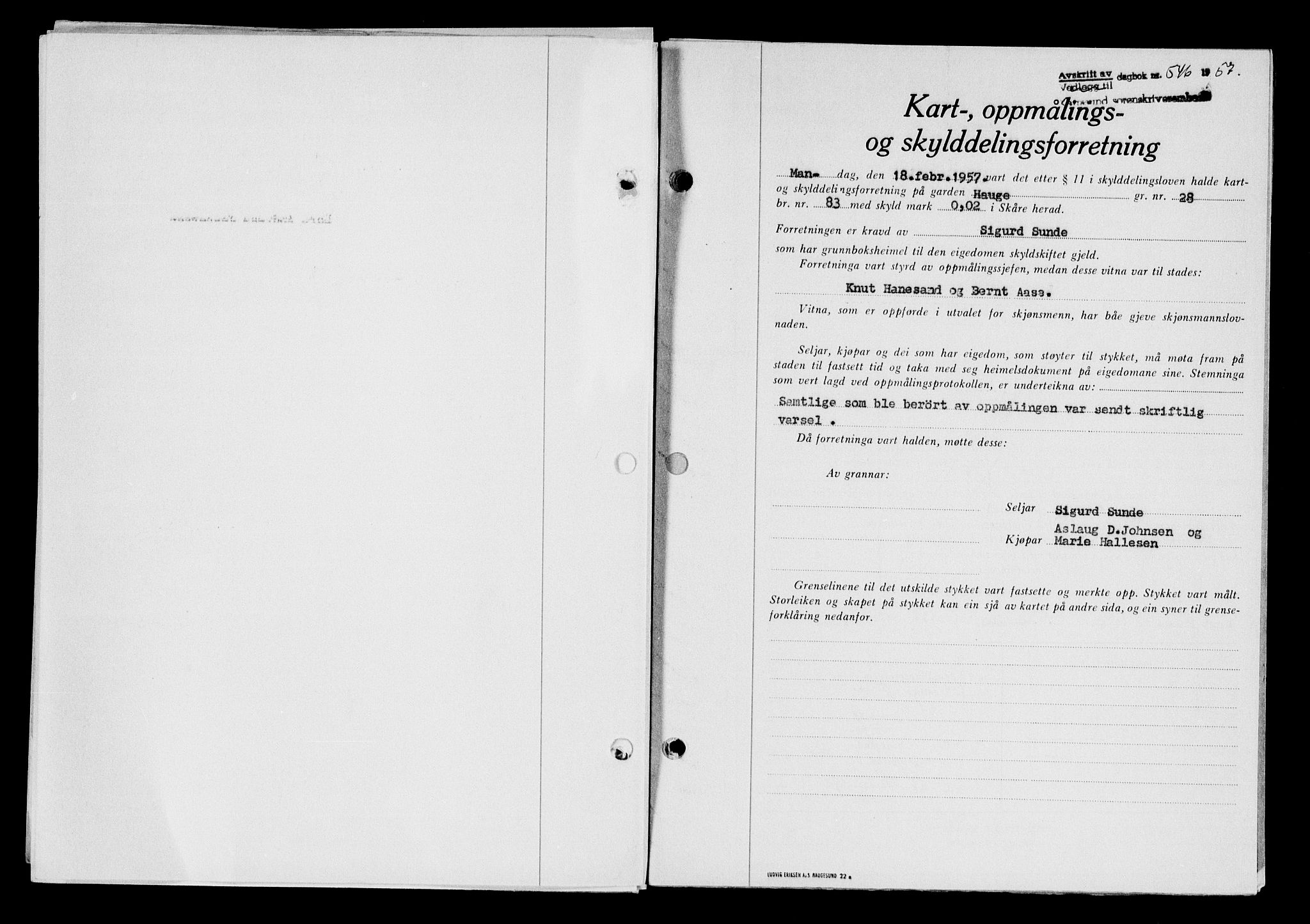 Karmsund sorenskriveri, SAST/A-100311/01/II/IIB/L0124: Pantebok nr. 104A, 1957-1957, Dagboknr: 546/1957