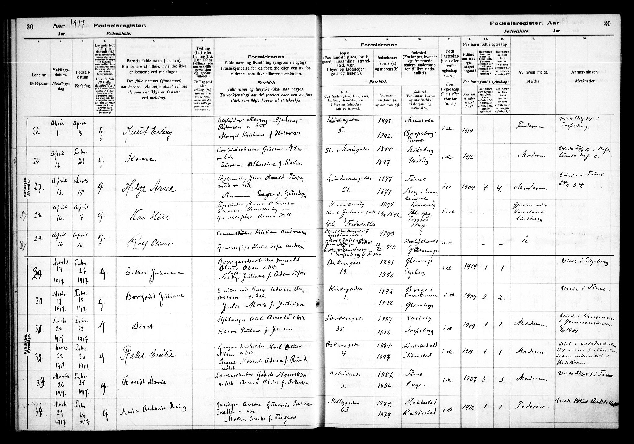 Sarpsborg prestekontor Kirkebøker, AV/SAO-A-2006/J/Ja/L0001: Fødselsregister nr. 1, 1916-1922, s. 30