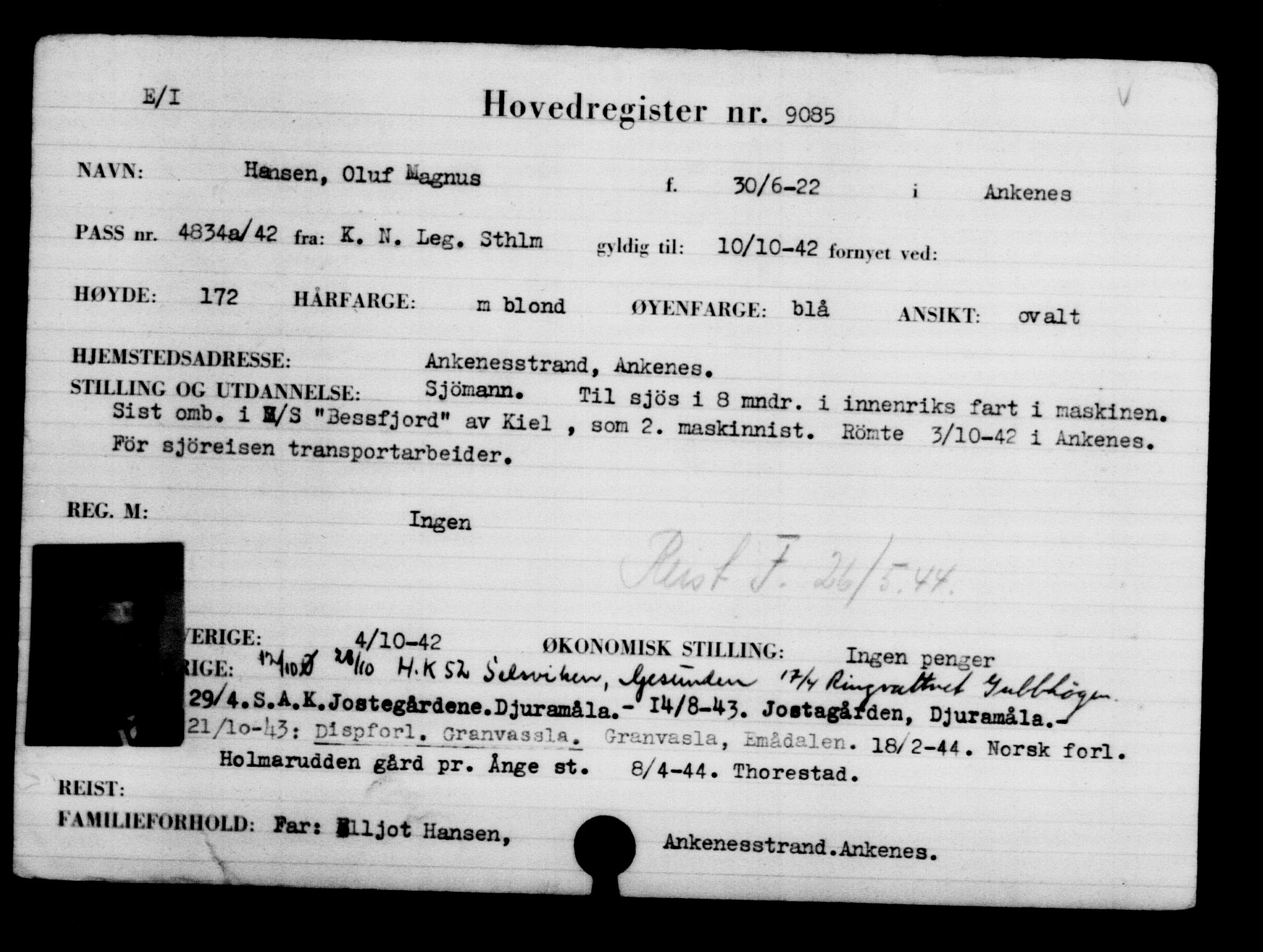 Utenriksstasjonene, Legasjonen i Stockholm, Flyktningkontoret, AV/RA-S-6753/V/Va/L0005: Kjesäterkartoteket, flyktninger med registreringsnr. 6600-9417, 1940-1945, s. 2927