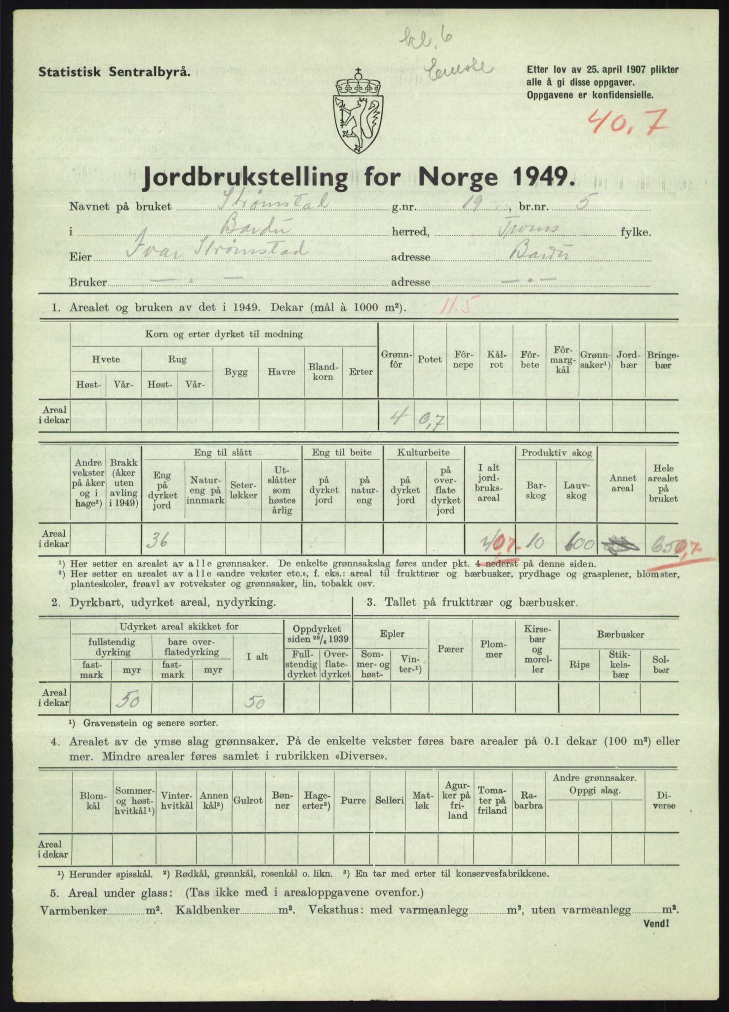 Statistisk sentralbyrå, Næringsøkonomiske emner, Jordbruk, skogbruk, jakt, fiske og fangst, AV/RA-S-2234/G/Gc/L0438: Troms: Salangen og Bardu, 1949, s. 1169