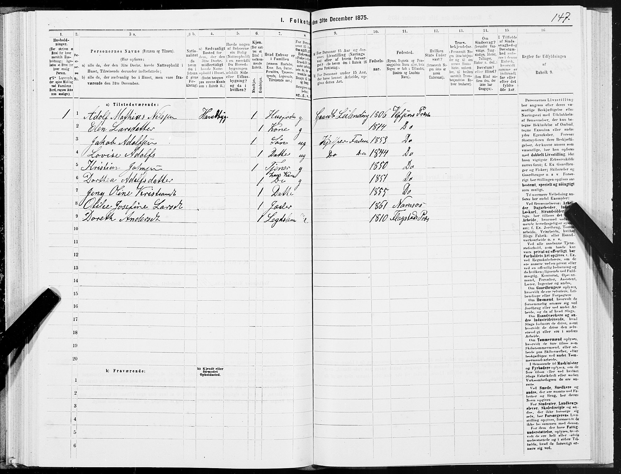 SAT, Folketelling 1875 for 1824L Vefsn prestegjeld, Vefsn sokn, 1875, s. 1147