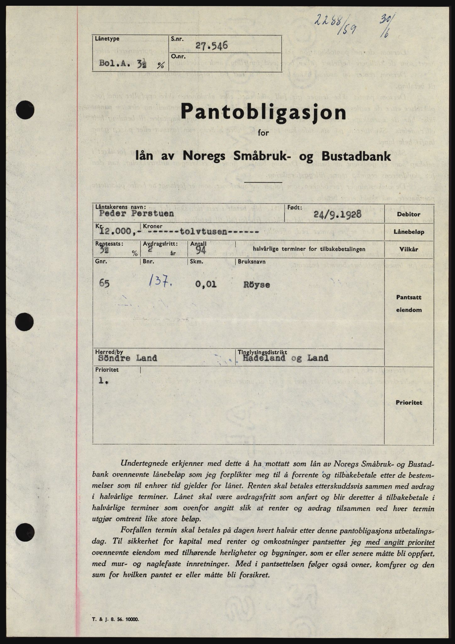 Hadeland og Land tingrett, SAH/TING-010/H/Hb/Hbc/L0040: Pantebok nr. B40, 1959-1959, Dagboknr: 2288/1959