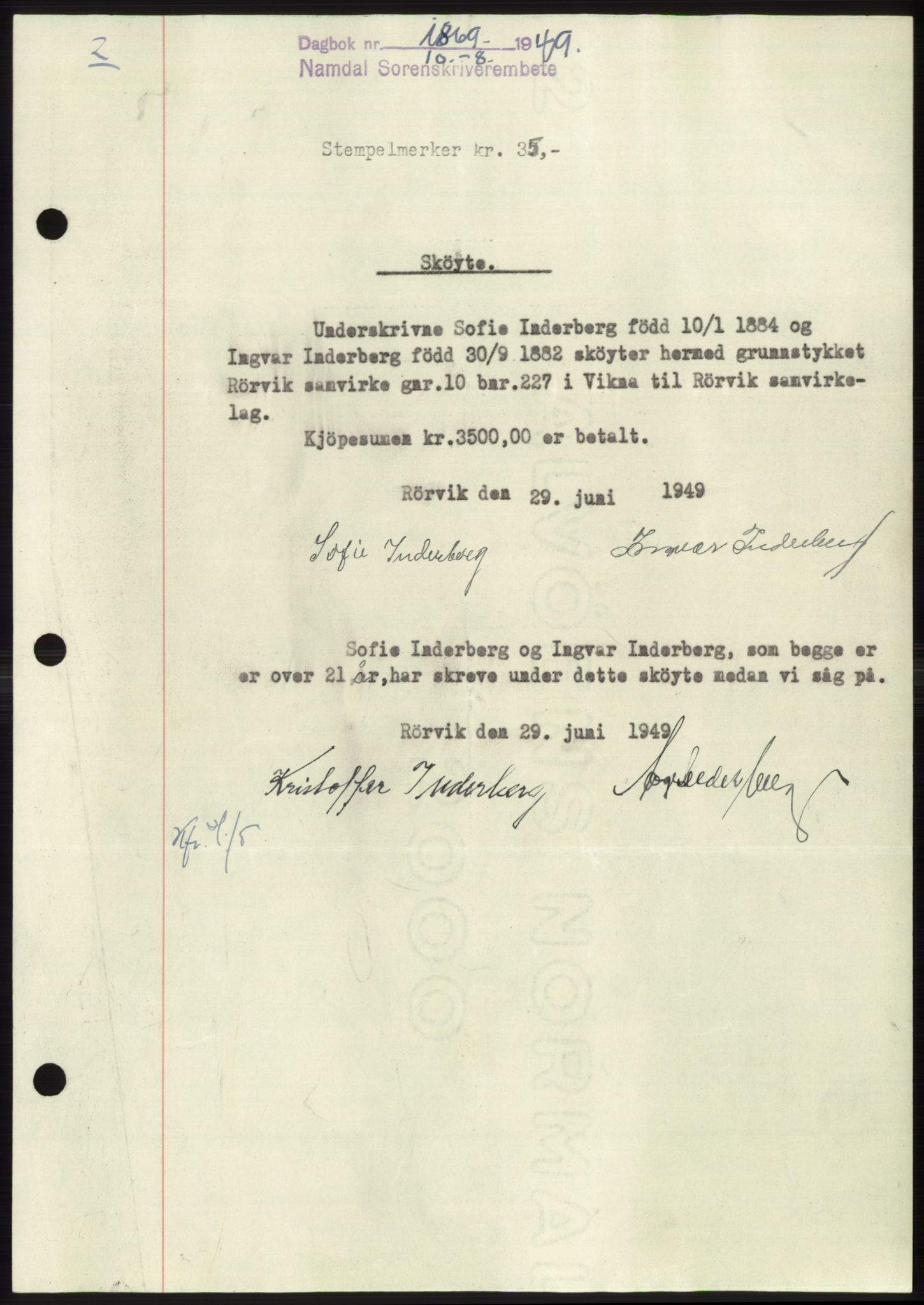 Namdal sorenskriveri, SAT/A-4133/1/2/2C: Pantebok nr. -, 1949-1949, Dagboknr: 1869/1949