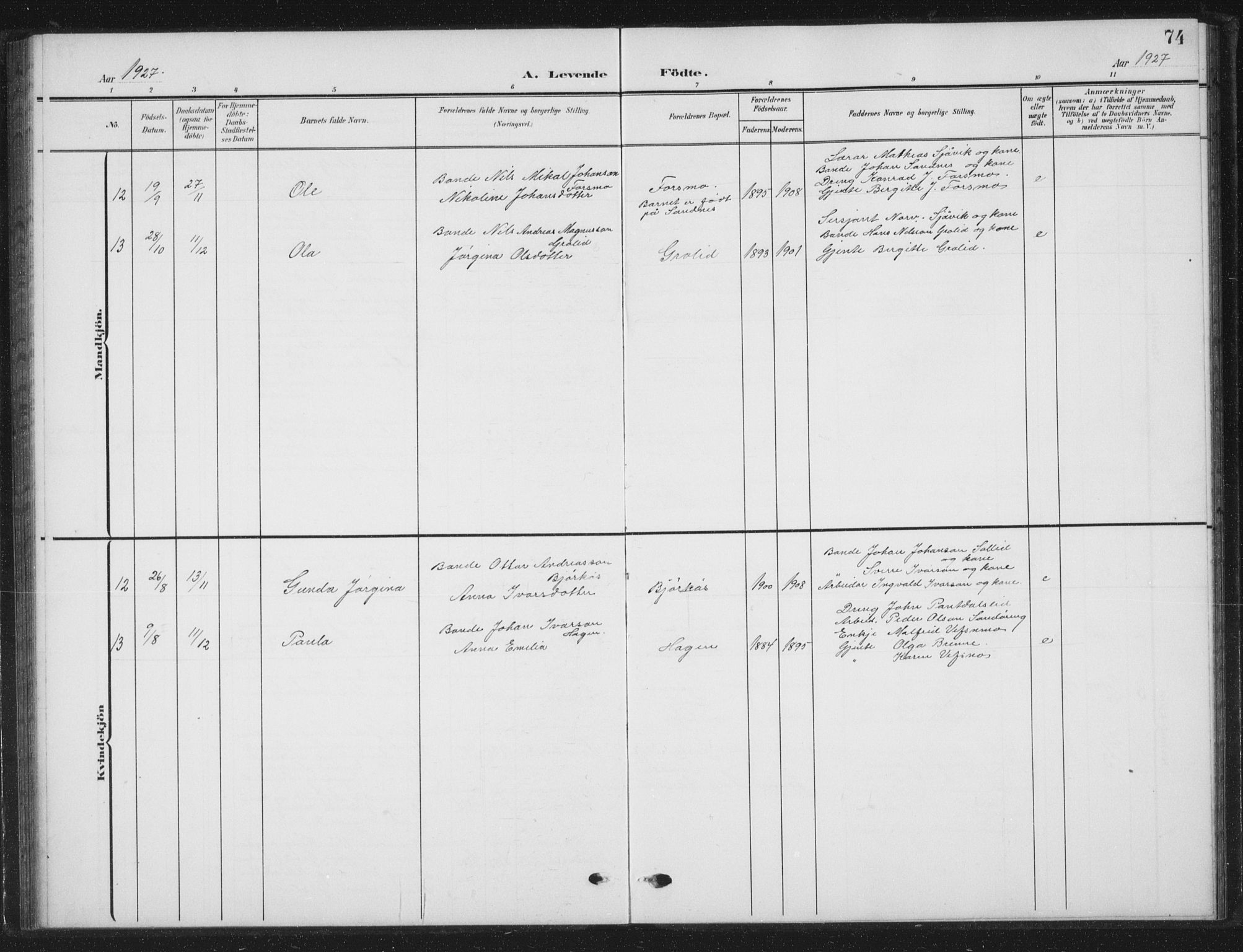 Ministerialprotokoller, klokkerbøker og fødselsregistre - Nordland, AV/SAT-A-1459/823/L0331: Klokkerbok nr. 823C03, 1905-1934, s. 74