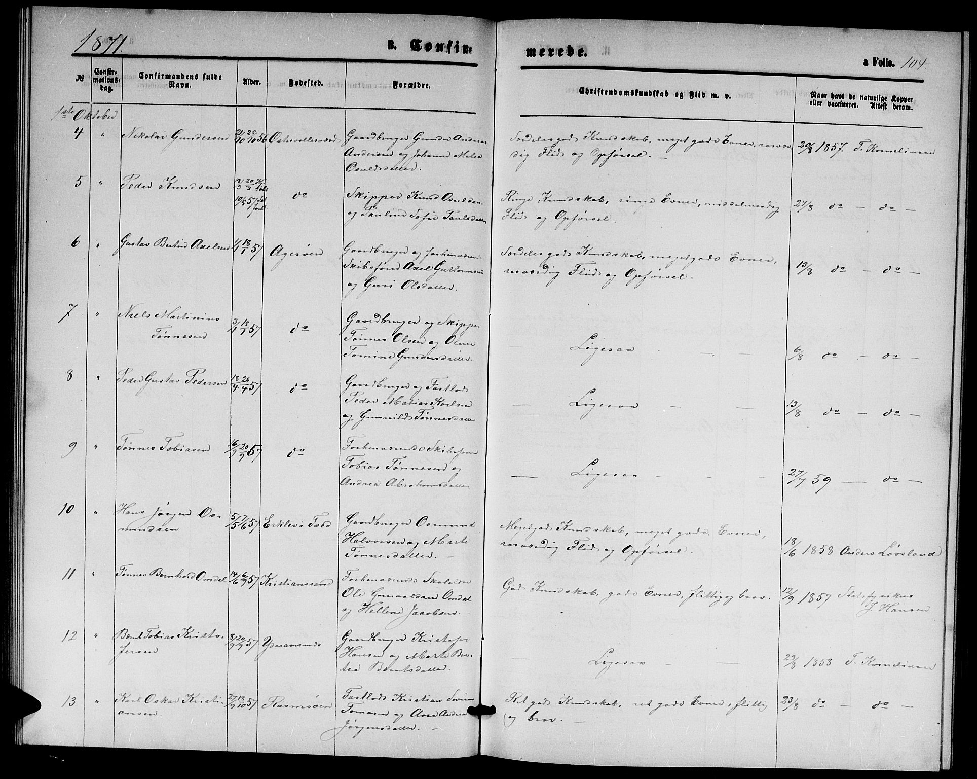 Høvåg sokneprestkontor, AV/SAK-1111-0025/F/Fb/L0003: Klokkerbok nr. B 3, 1870-1882, s. 104