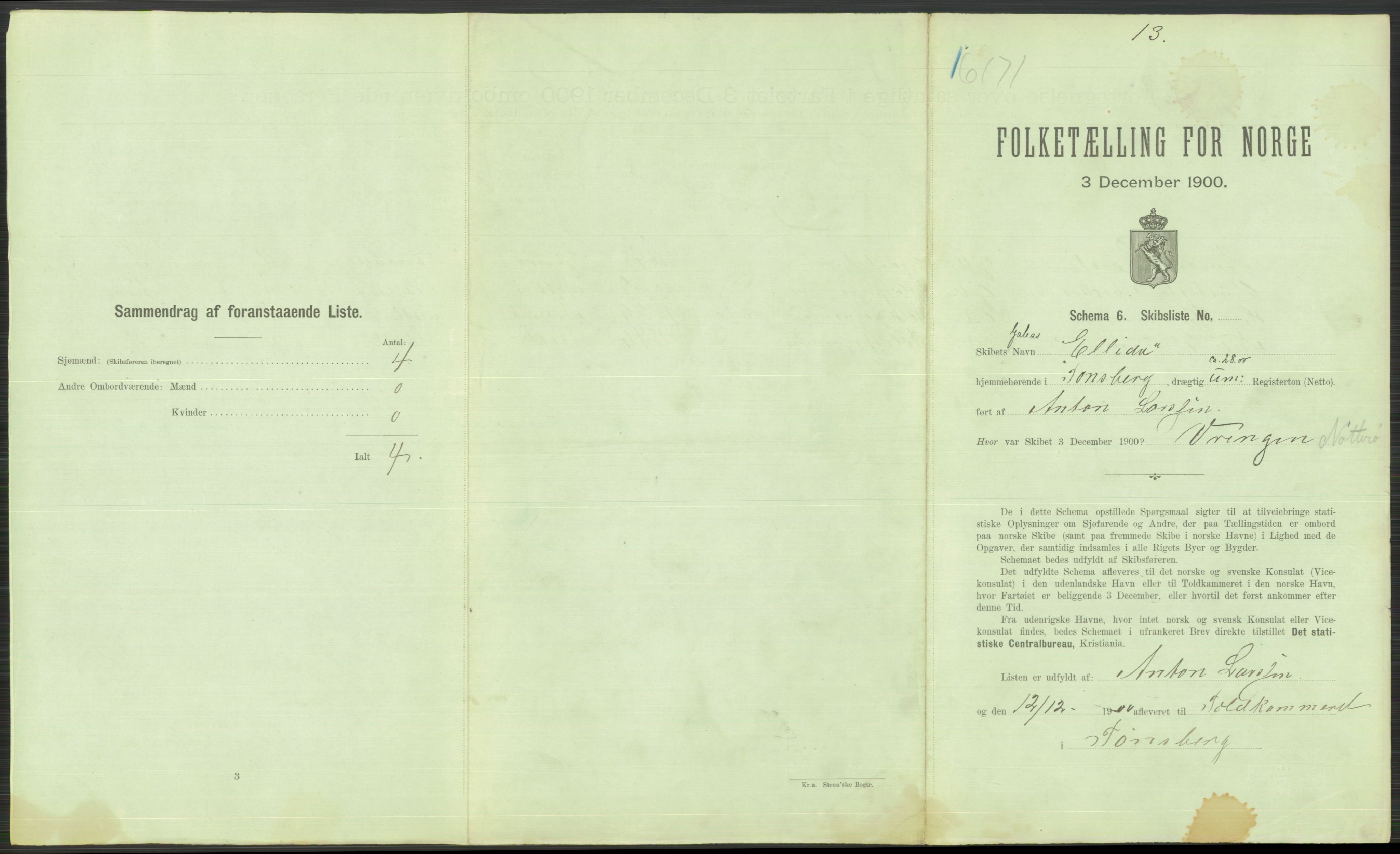 RA, Folketelling 1900 - skipslister med personlister for skip i norske havner, utenlandske havner og til havs, 1900, s. 491