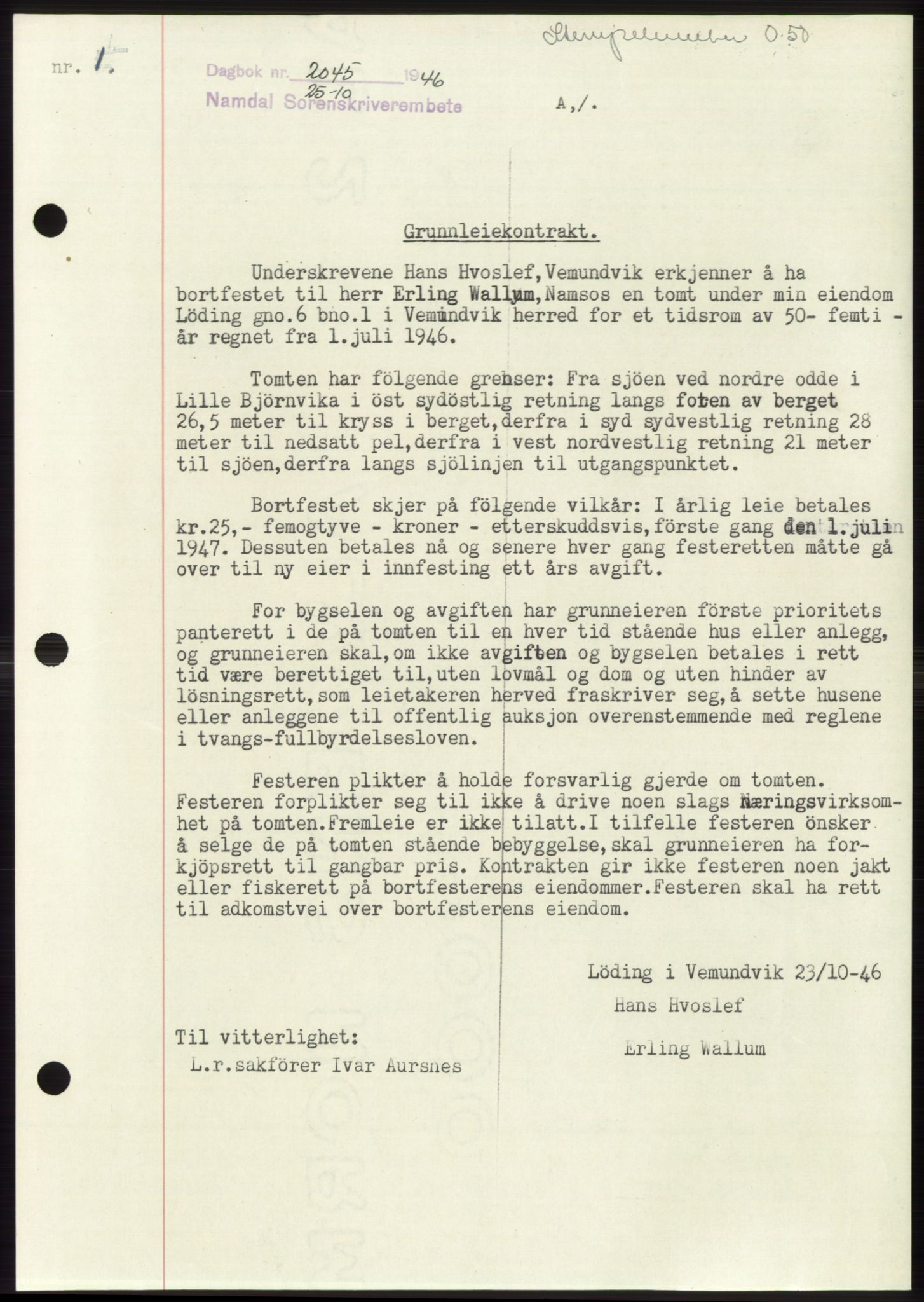 Namdal sorenskriveri, SAT/A-4133/1/2/2C: Pantebok nr. -, 1946-1947, Dagboknr: 2045/1946
