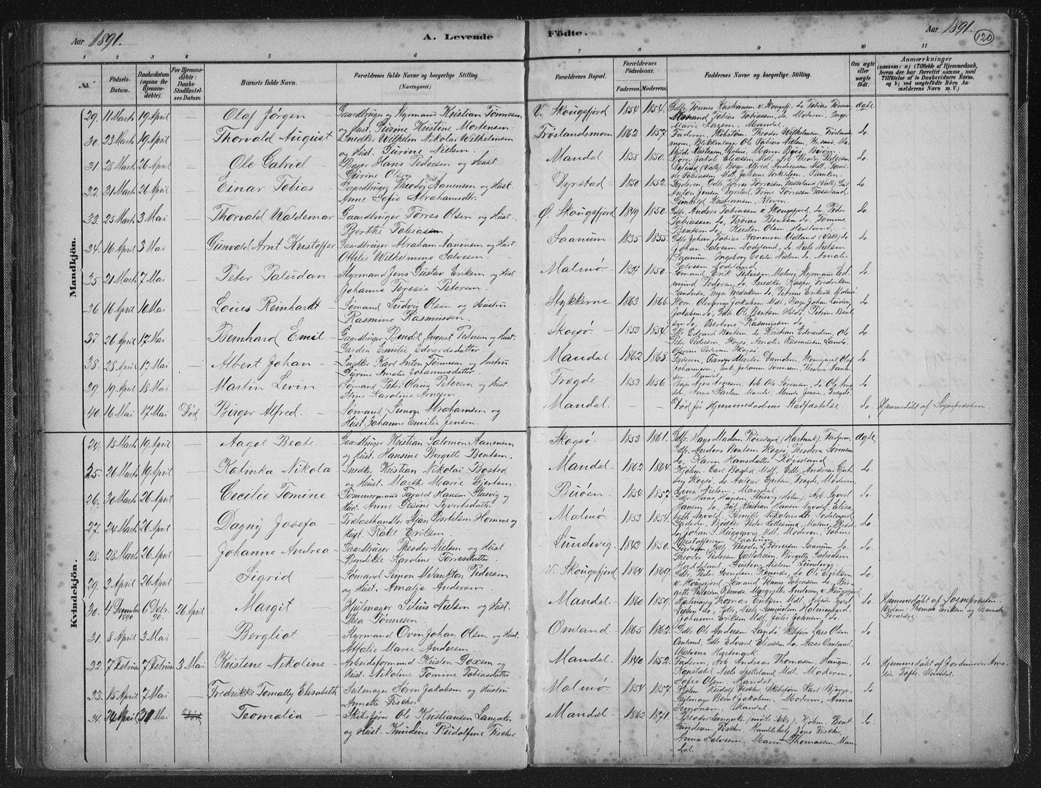 Mandal sokneprestkontor, AV/SAK-1111-0030/F/Fb/Fba/L0011: Klokkerbok nr. B 5, 1880-1898, s. 120