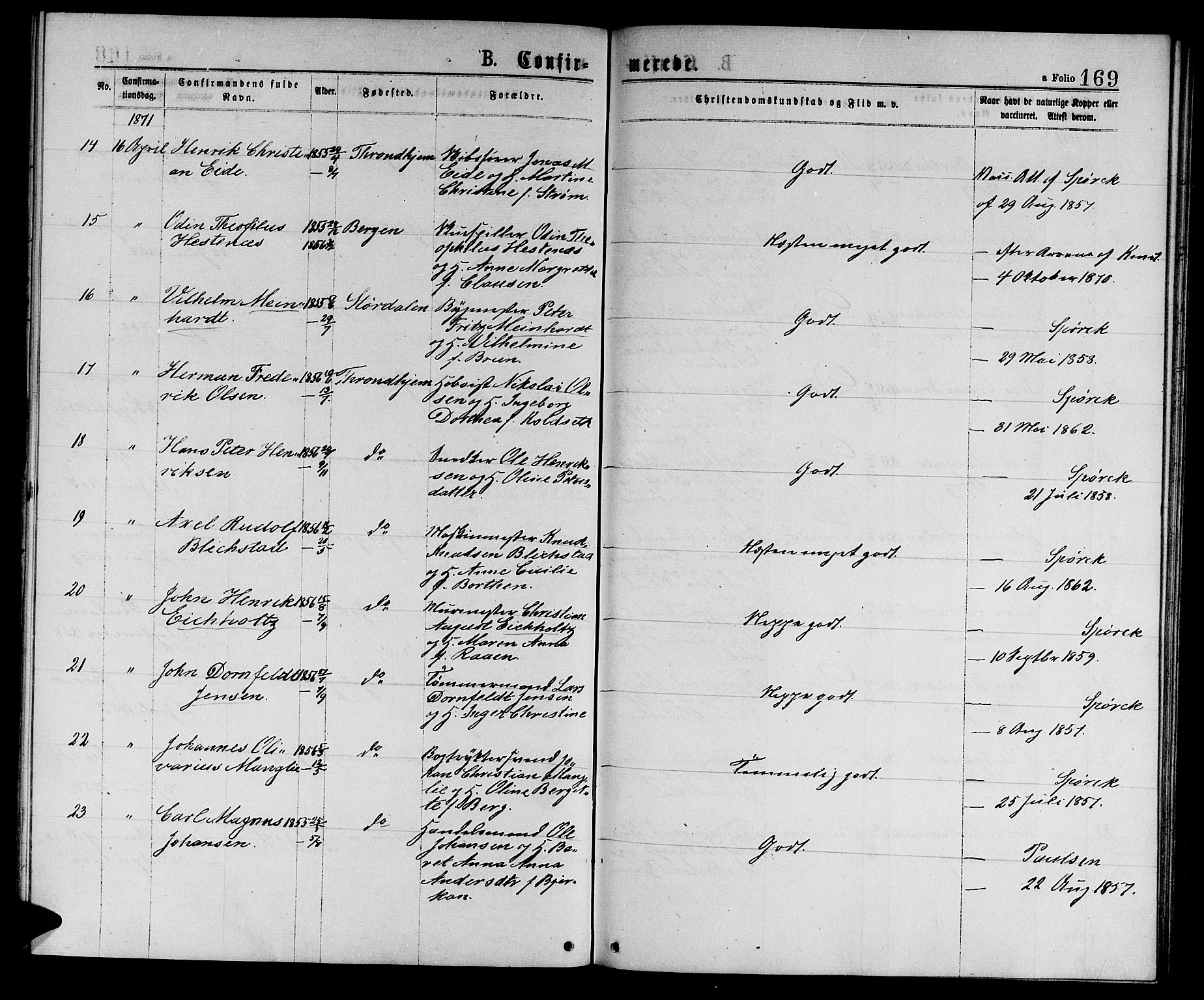 Ministerialprotokoller, klokkerbøker og fødselsregistre - Sør-Trøndelag, SAT/A-1456/601/L0088: Klokkerbok nr. 601C06, 1870-1878, s. 169