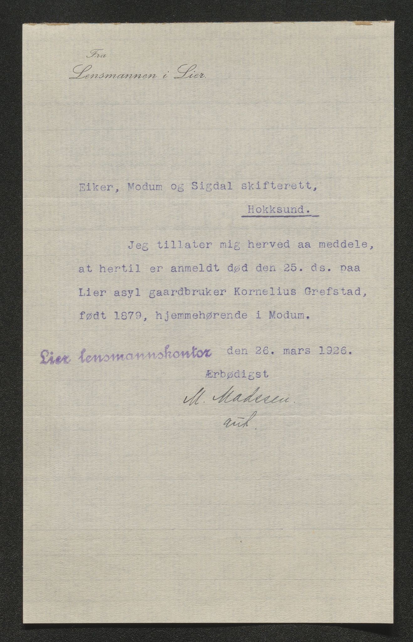 Eiker, Modum og Sigdal sorenskriveri, SAKO/A-123/H/Ha/Hab/L0044: Dødsfallsmeldinger, 1926-1927, s. 101
