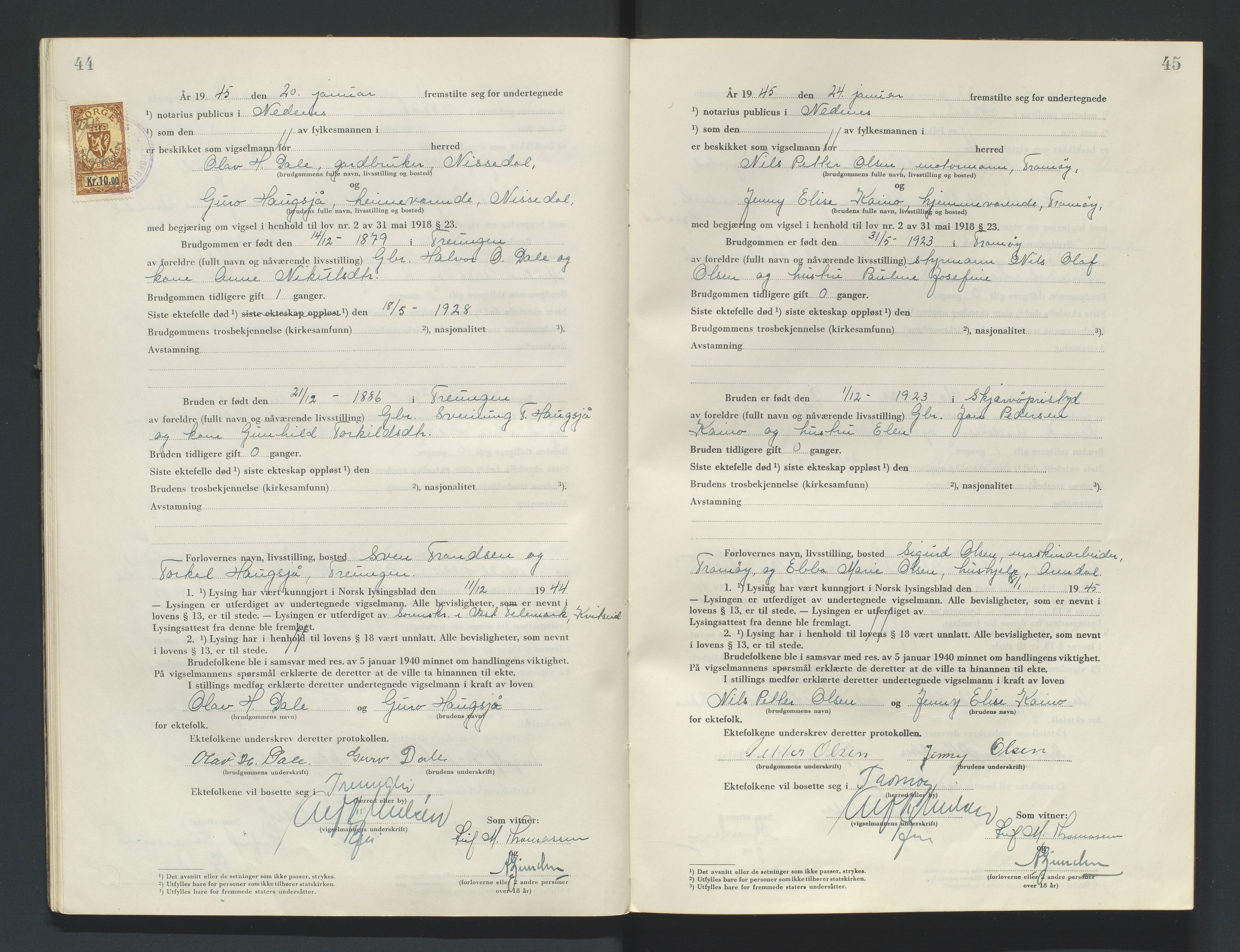 Nedenes sorenskriveri, SAK/1221-0006/L/Ld/L0002/0004: Vigselsbøker / Vigselbok, 1944-1948, s. 44-45
