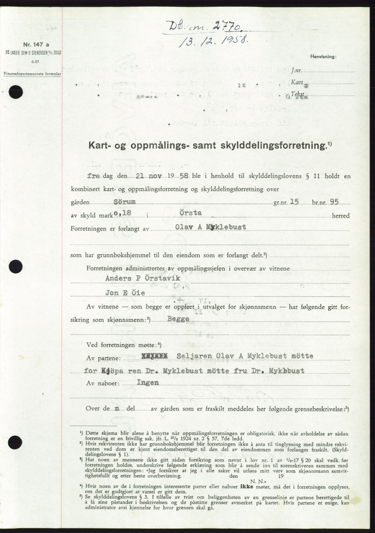 Søre Sunnmøre sorenskriveri, SAT/A-4122/1/2/2C/L0111: Pantebok nr. 37A, 1958-1959, Dagboknr: 2770/1958