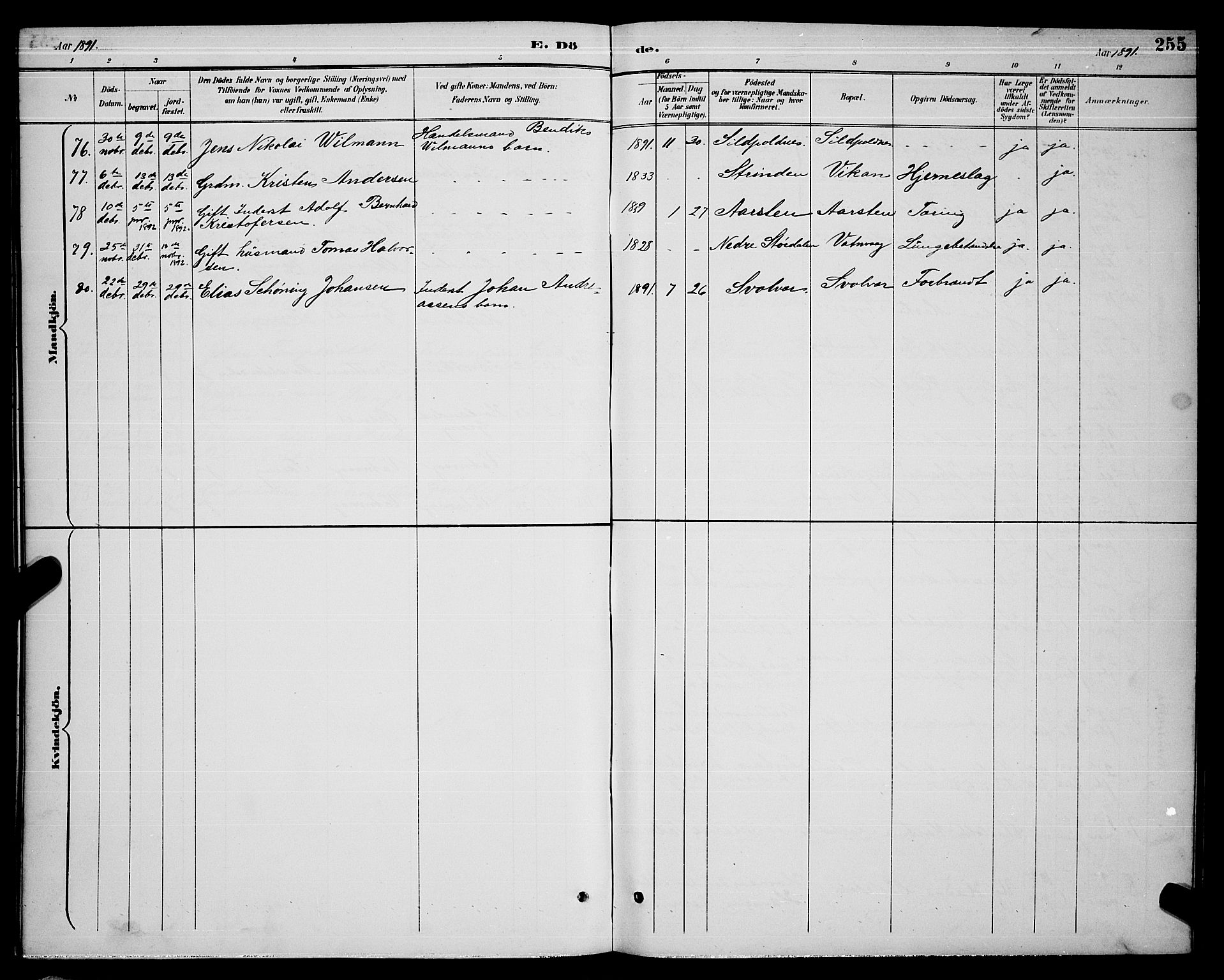 Ministerialprotokoller, klokkerbøker og fødselsregistre - Nordland, AV/SAT-A-1459/874/L1077: Klokkerbok nr. 874C06, 1891-1900, s. 255