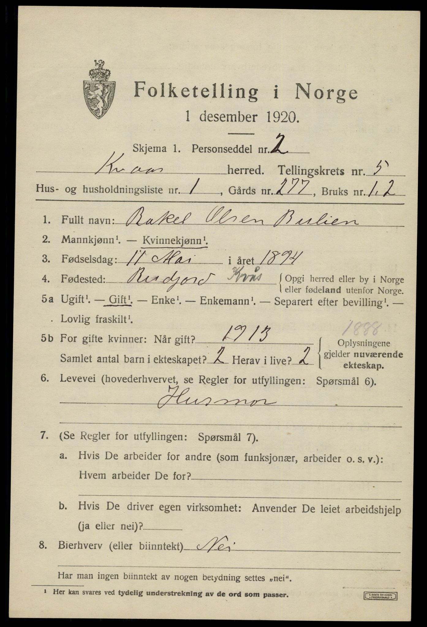SAK, Folketelling 1920 for 1033 Kvås herred, 1920, s. 1290