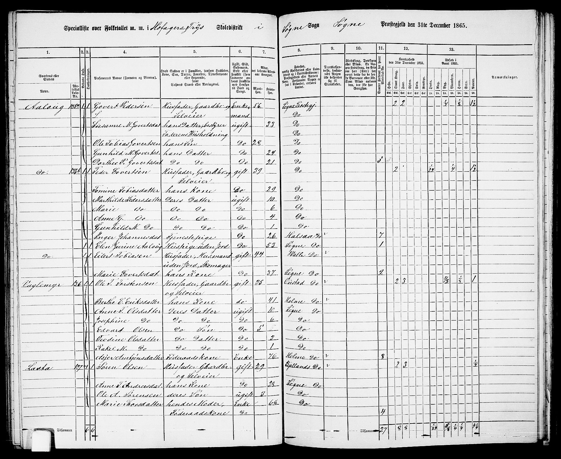 RA, Folketelling 1865 for 1018P Søgne prestegjeld, 1865, s. 95