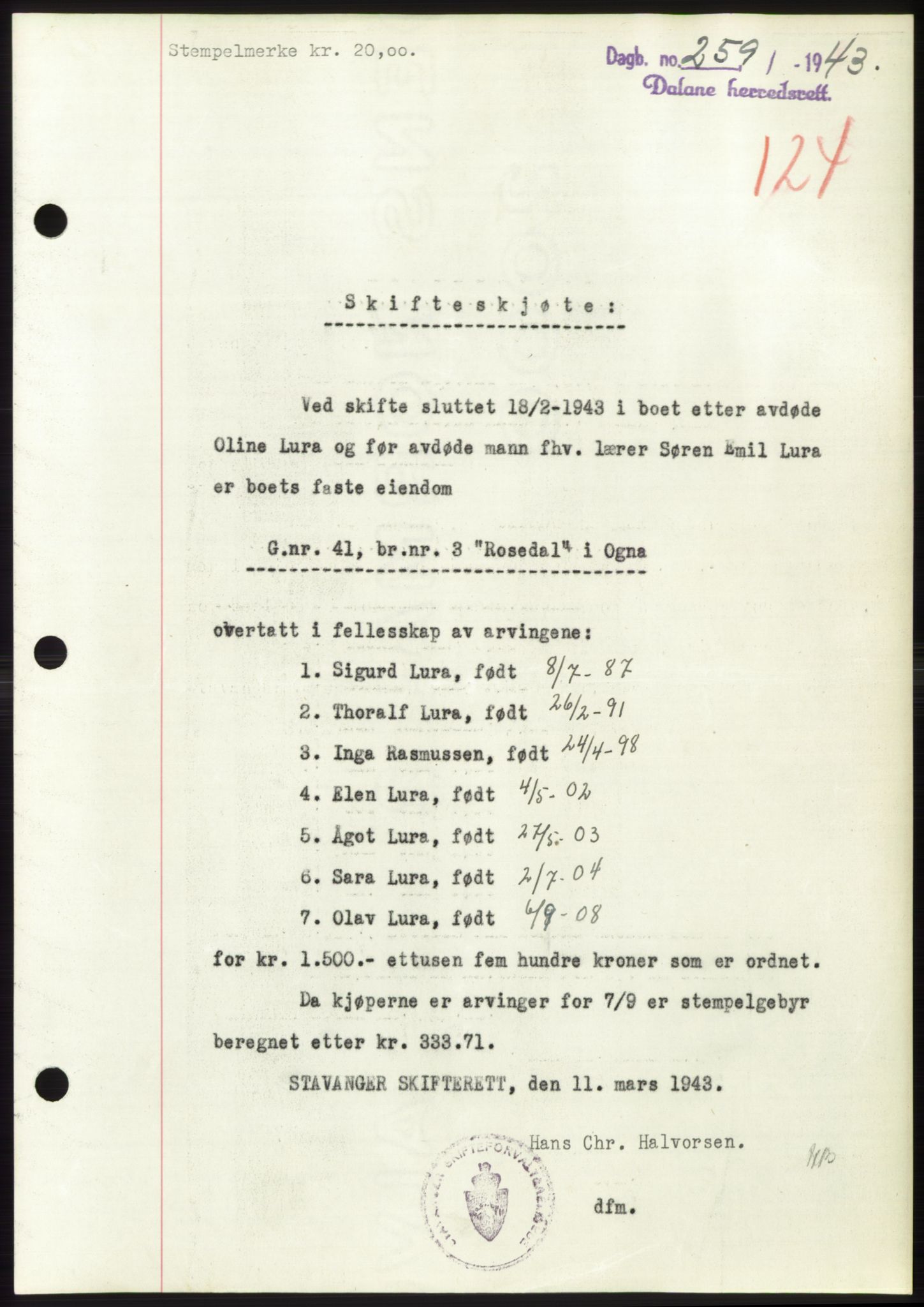 Dalane sorenskriveri, SAST/A-100309/02/G/Gb/L0058: Pantebok, 1926-1950, Tingl.dato: 25.03.1943