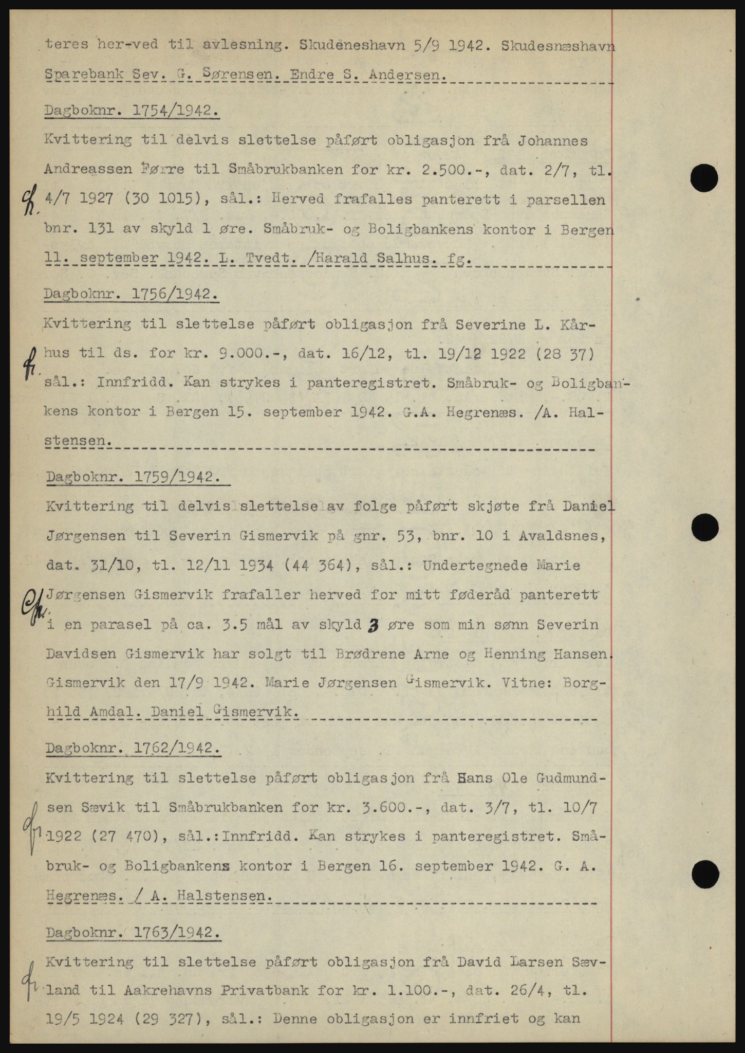 Karmsund sorenskriveri, SAST/A-100311/01/II/IIBBE/L0008: Pantebok nr. B 54, 1942-1943, Dagboknr: 1754/1942