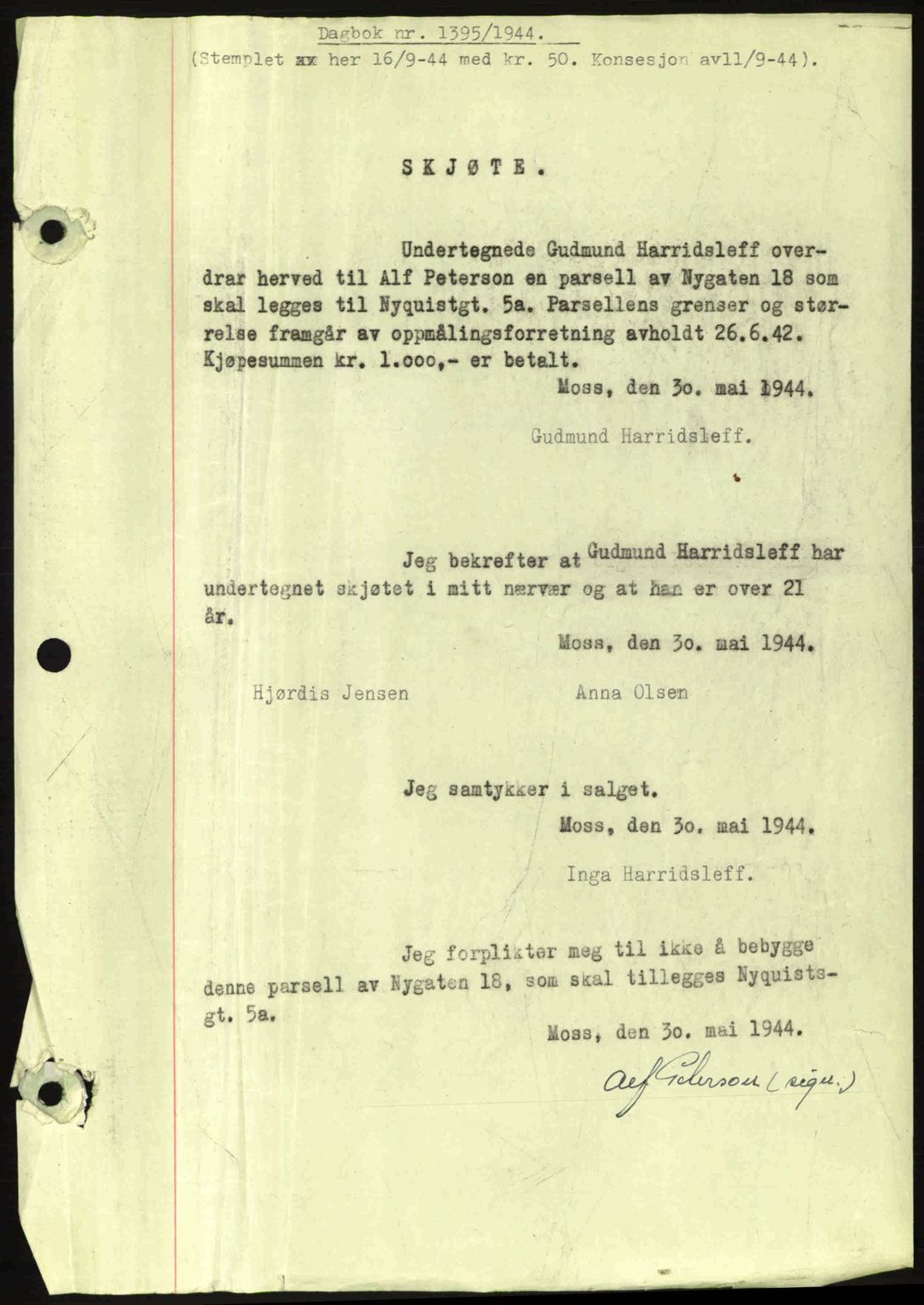 Moss sorenskriveri, SAO/A-10168: Pantebok nr. A12, 1943-1944, Dagboknr: 1395/1944