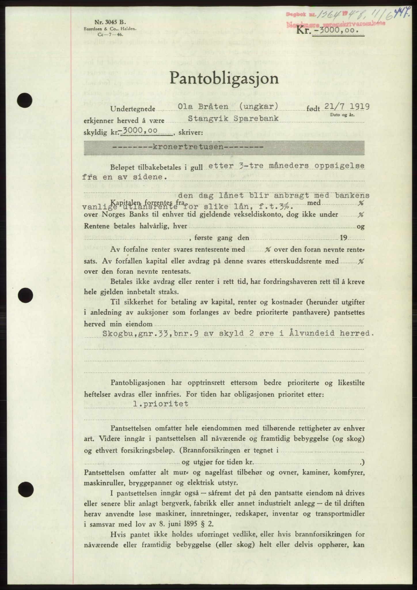 Nordmøre sorenskriveri, AV/SAT-A-4132/1/2/2Ca: Pantebok nr. B96, 1947-1947, Dagboknr: 1264/1947