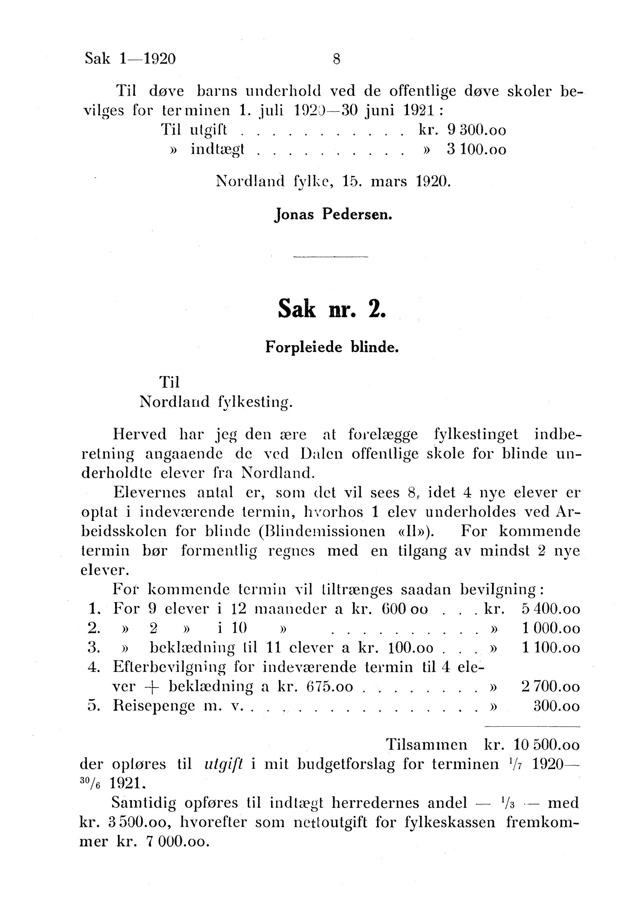 Nordland Fylkeskommune. Fylkestinget, AIN/NFK-17/176/A/Ac/L0043: Fylkestingsforhandlinger 1920, 1920