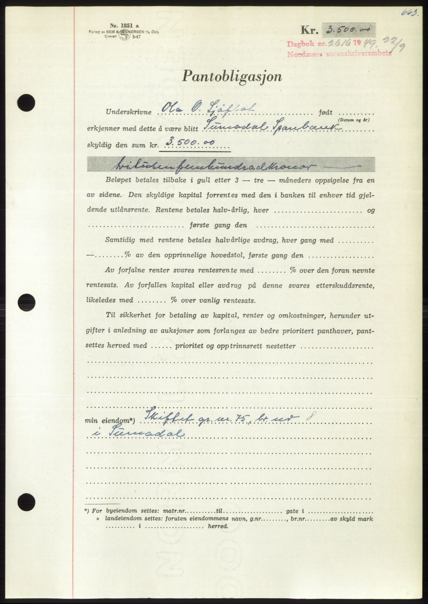 Nordmøre sorenskriveri, SAT/A-4132/1/2/2Ca: Pantebok nr. B102, 1949-1949, Dagboknr: 2616/1949