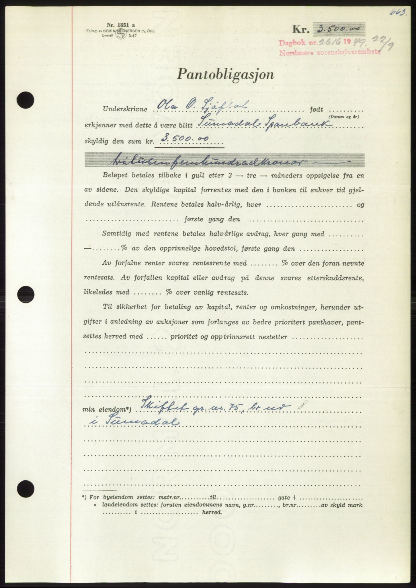 Nordmøre sorenskriveri, AV/SAT-A-4132/1/2/2Ca: Pantebok nr. B102, 1949-1949, Dagboknr: 2616/1949