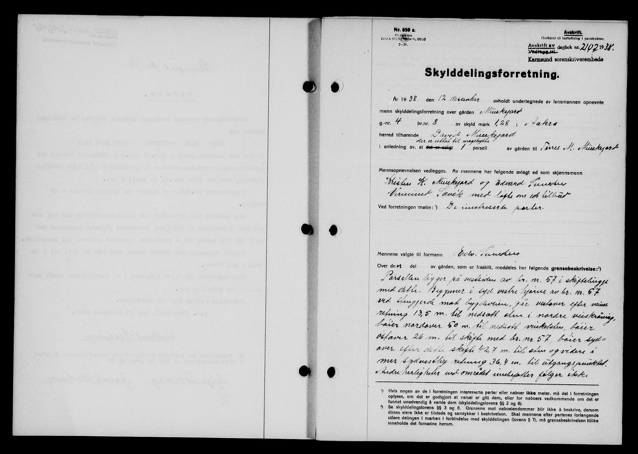 Karmsund sorenskriveri, SAST/A-100311/01/II/IIB/L0070: Pantebok nr. 51A, 1938-1939, Dagboknr: 2102/1938