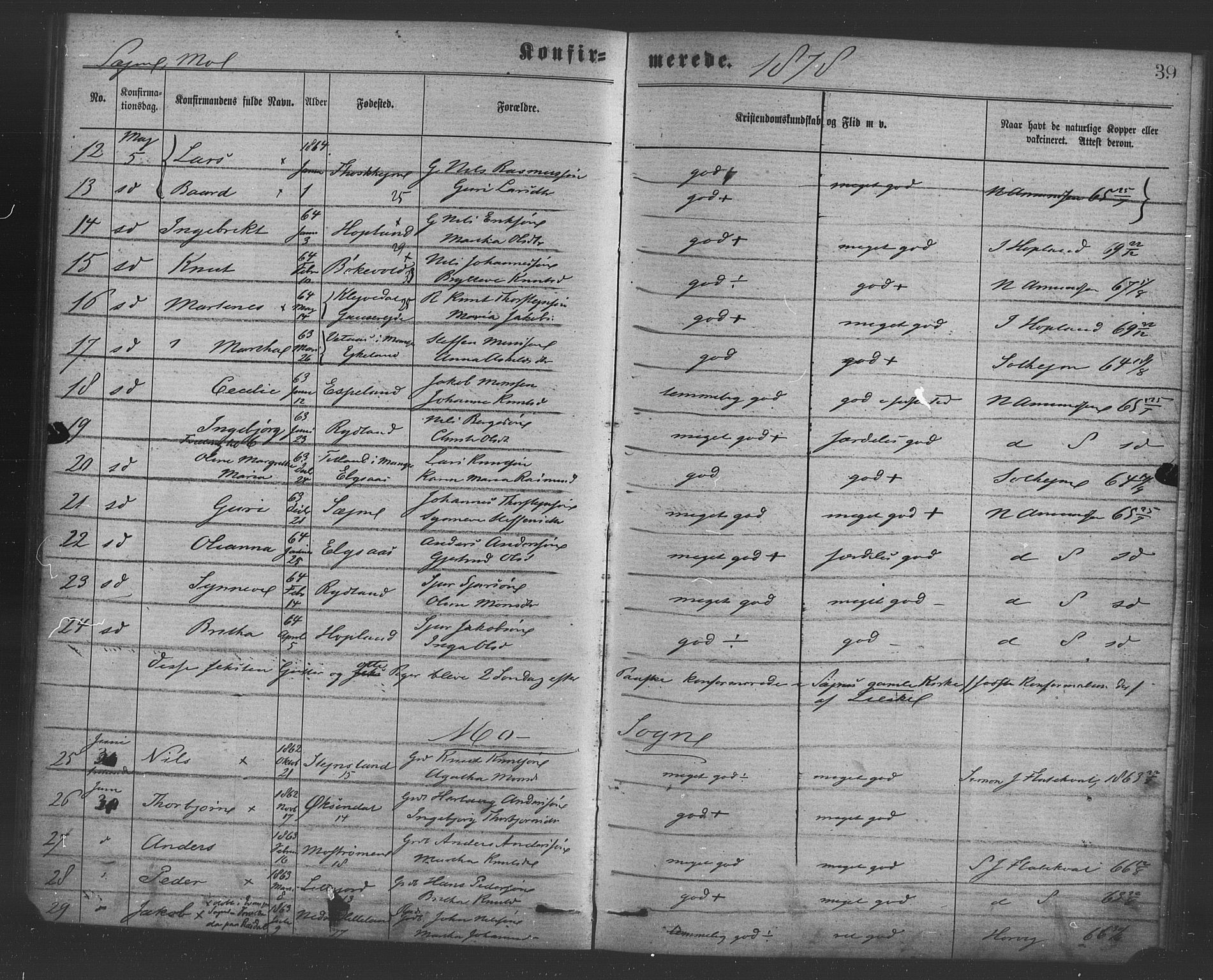 Hosanger sokneprestembete, AV/SAB-A-75801/H/Haa: Ministerialbok nr. A 10, 1877-1879, s. 39