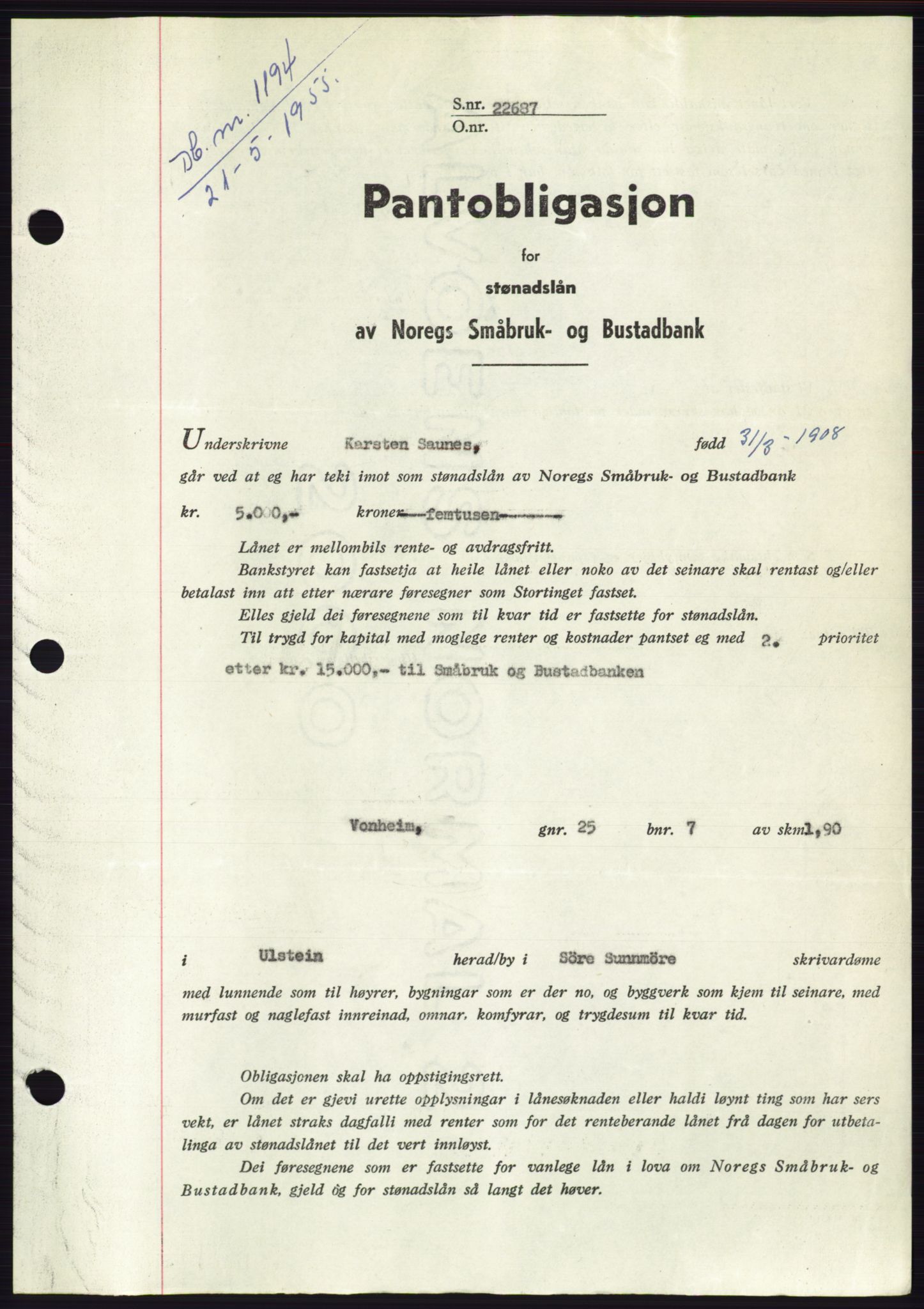 Søre Sunnmøre sorenskriveri, AV/SAT-A-4122/1/2/2C/L0126: Pantebok nr. 14B, 1954-1955, Dagboknr: 1194/1955