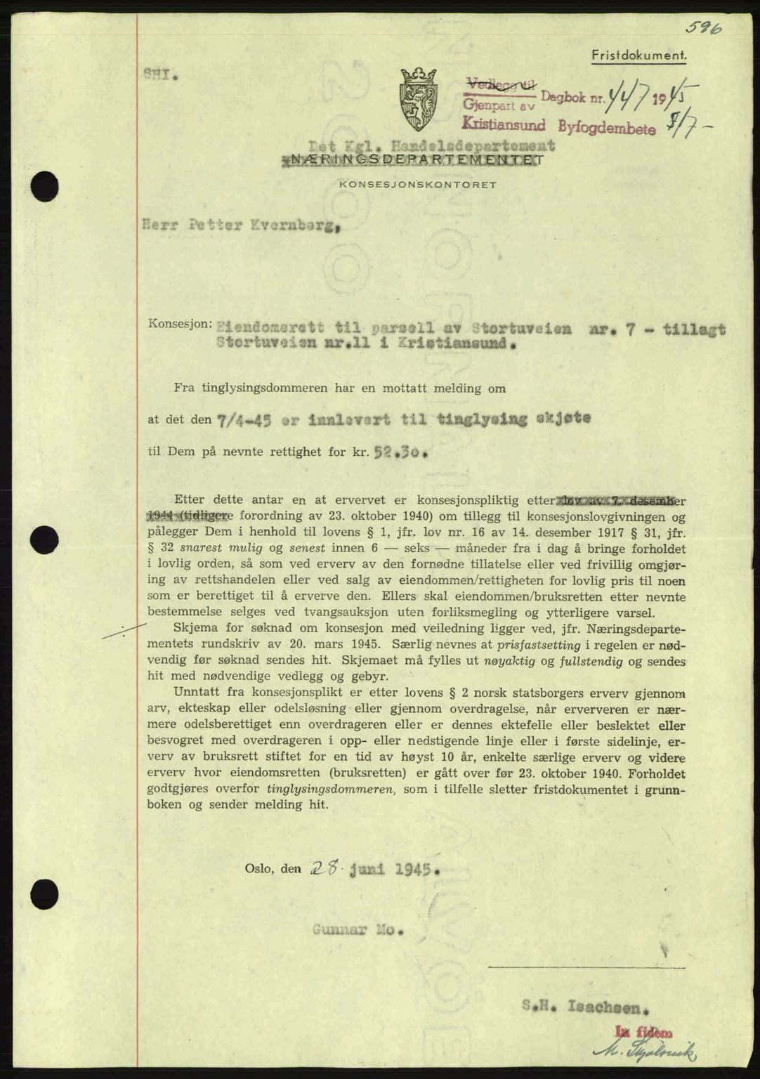 Kristiansund byfogd, AV/SAT-A-4587/A/27: Pantebok nr. 37-38, 1943-1945, Dagboknr: 447/1945