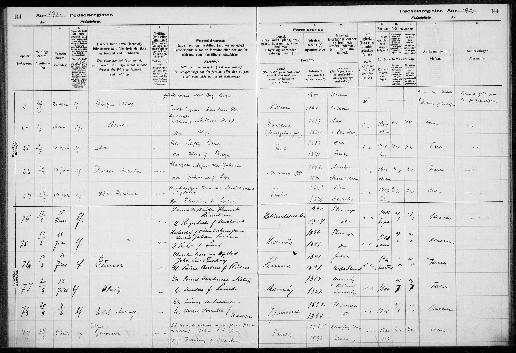 Hetland sokneprestkontor, AV/SAST-A-101826/70/704BA/L0003: Fødselsregister nr. 1, 1916-1923, s. 144