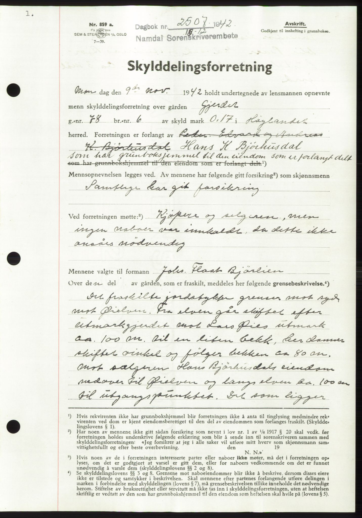 Namdal sorenskriveri, SAT/A-4133/1/2/2C: Pantebok nr. -, 1942-1943, Dagboknr: 2507/1942