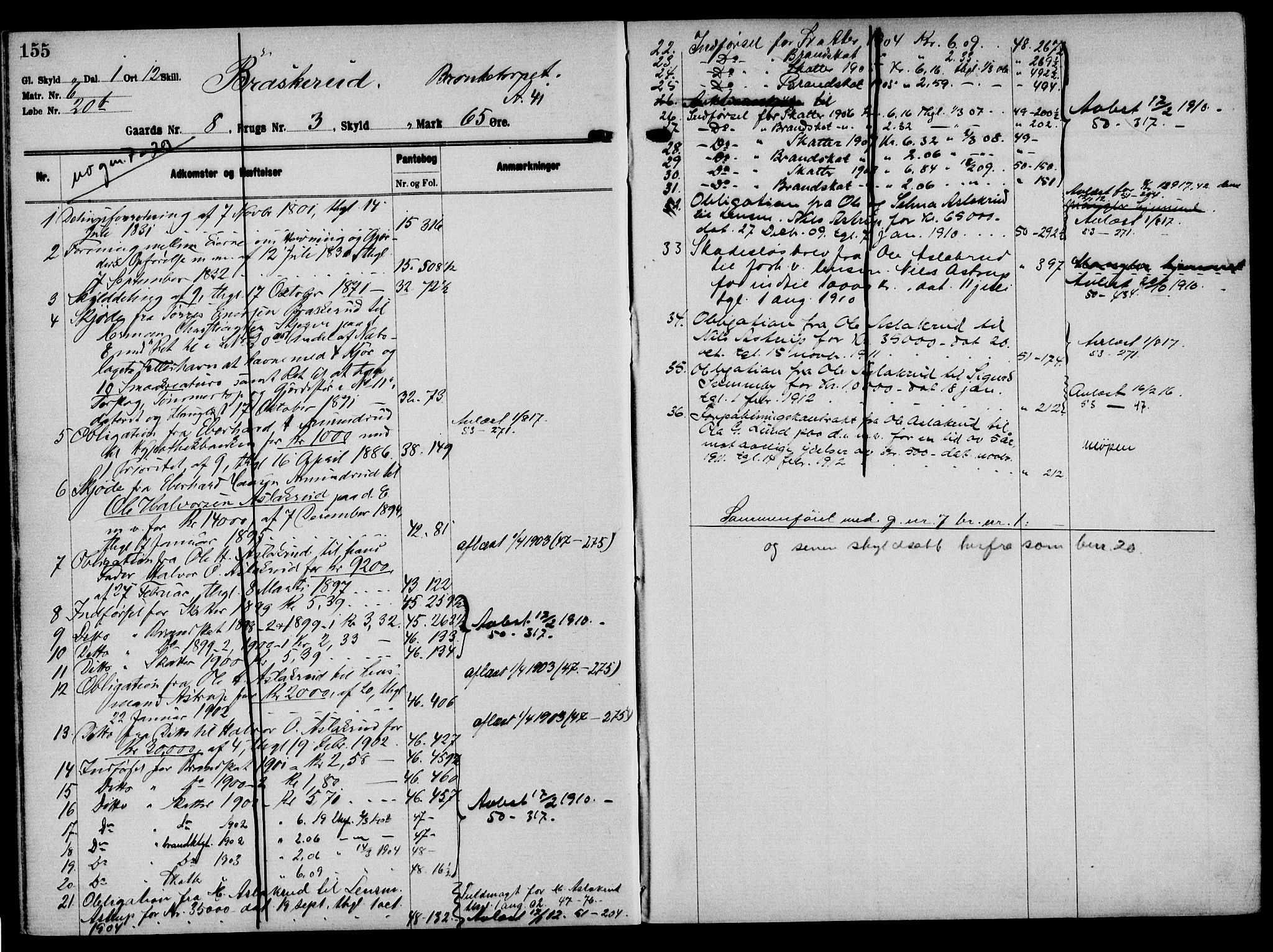 Solør tingrett, SAH/TING-008/H/Ha/Hak/L0001: Panteregister nr. I, 1900-1935, s. 155