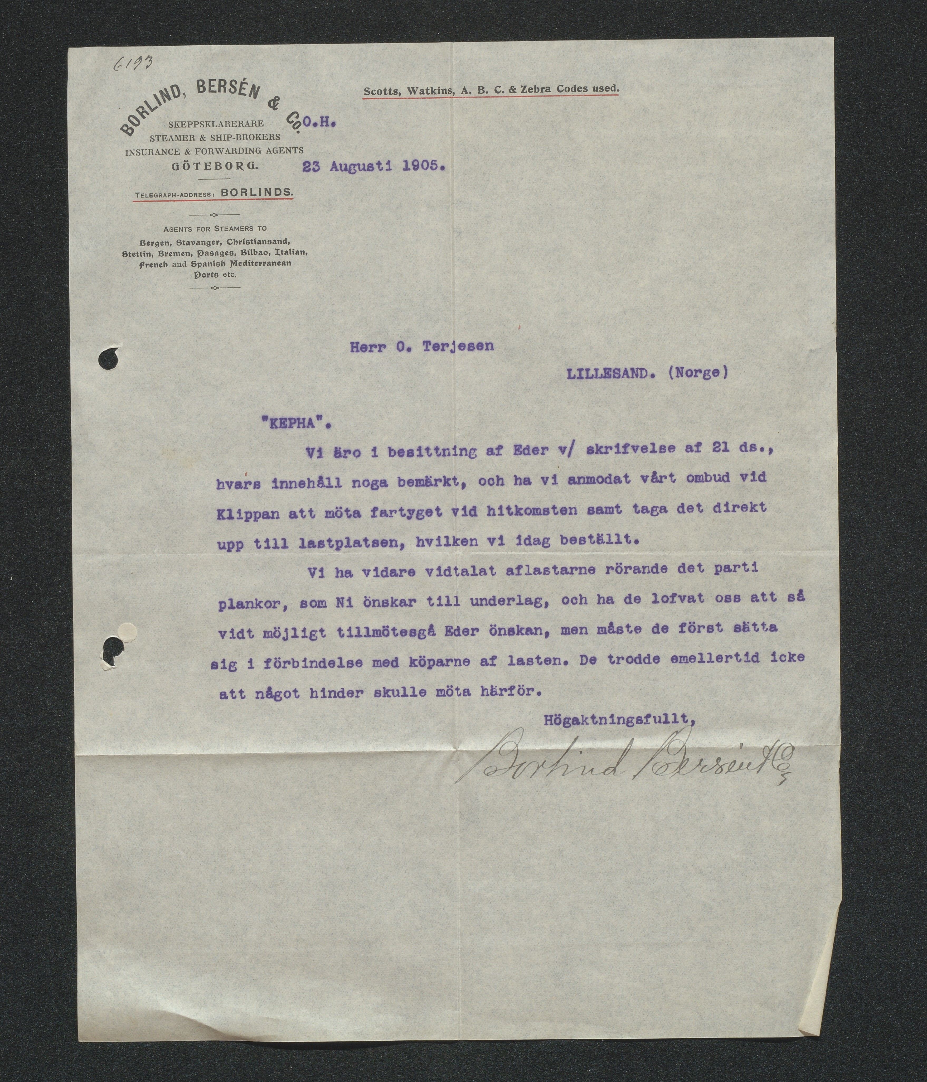 O. Terjesens rederi, AAKS/PA-2525/E/E01/L0013: Korrespondanse, 1904-1905