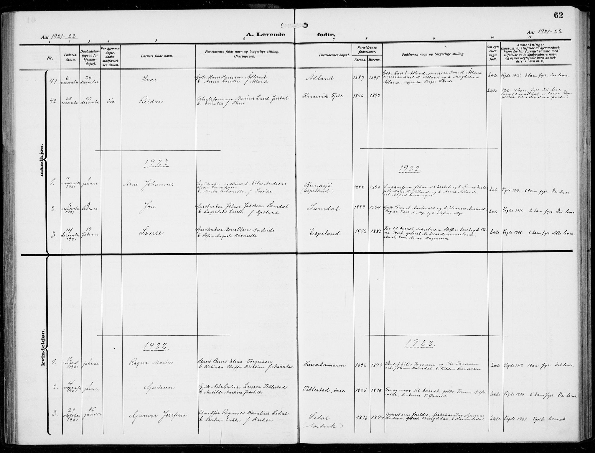 Fana Sokneprestembete, AV/SAB-A-75101/H/Hab/Haba/L0005: Klokkerbok nr. A 5, 1911-1932, s. 62