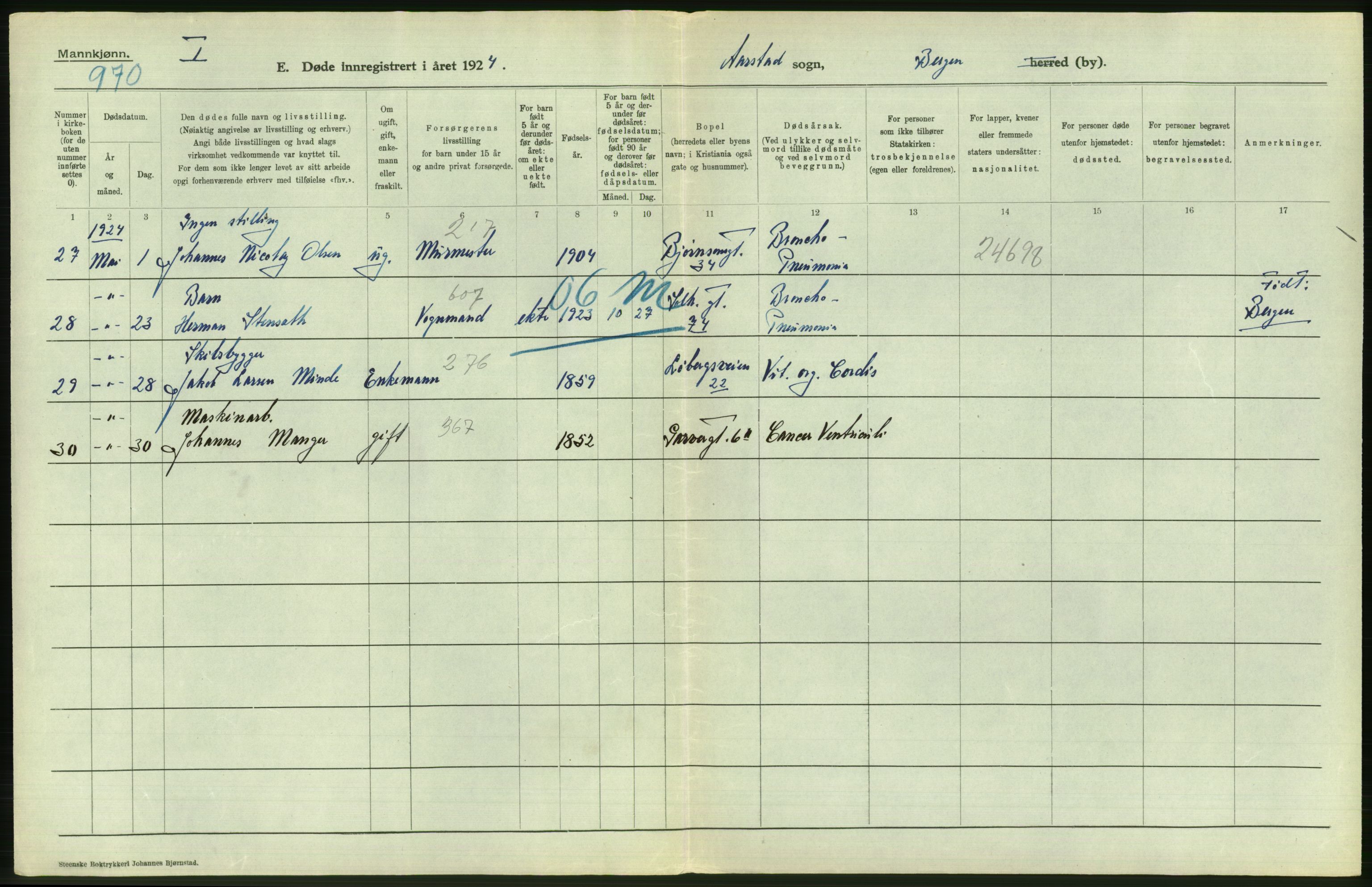 Statistisk sentralbyrå, Sosiodemografiske emner, Befolkning, AV/RA-S-2228/D/Df/Dfc/Dfcd/L0028: Bergen: Gifte, døde., 1924, s. 506