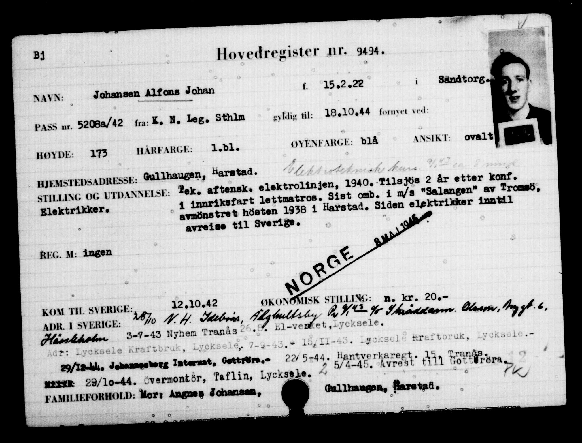 Utenriksstasjonene, Legasjonen i Stockholm, Flyktningkontoret, AV/RA-S-6753/V/Va/L0006: Kjesäterkartoteket, flyktninger med registreringsnr. 9400-12711, 1940-1945, s. 101