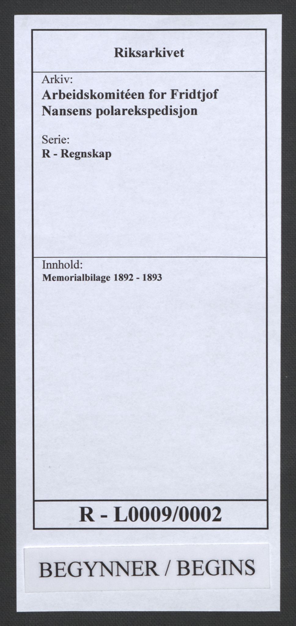 Arbeidskomitéen for Fridtjof Nansens polarekspedisjon, RA/PA-0061/R/L0009/0002: Regnskapsbilag / Memorialbilage, 1891-1895, s. 1